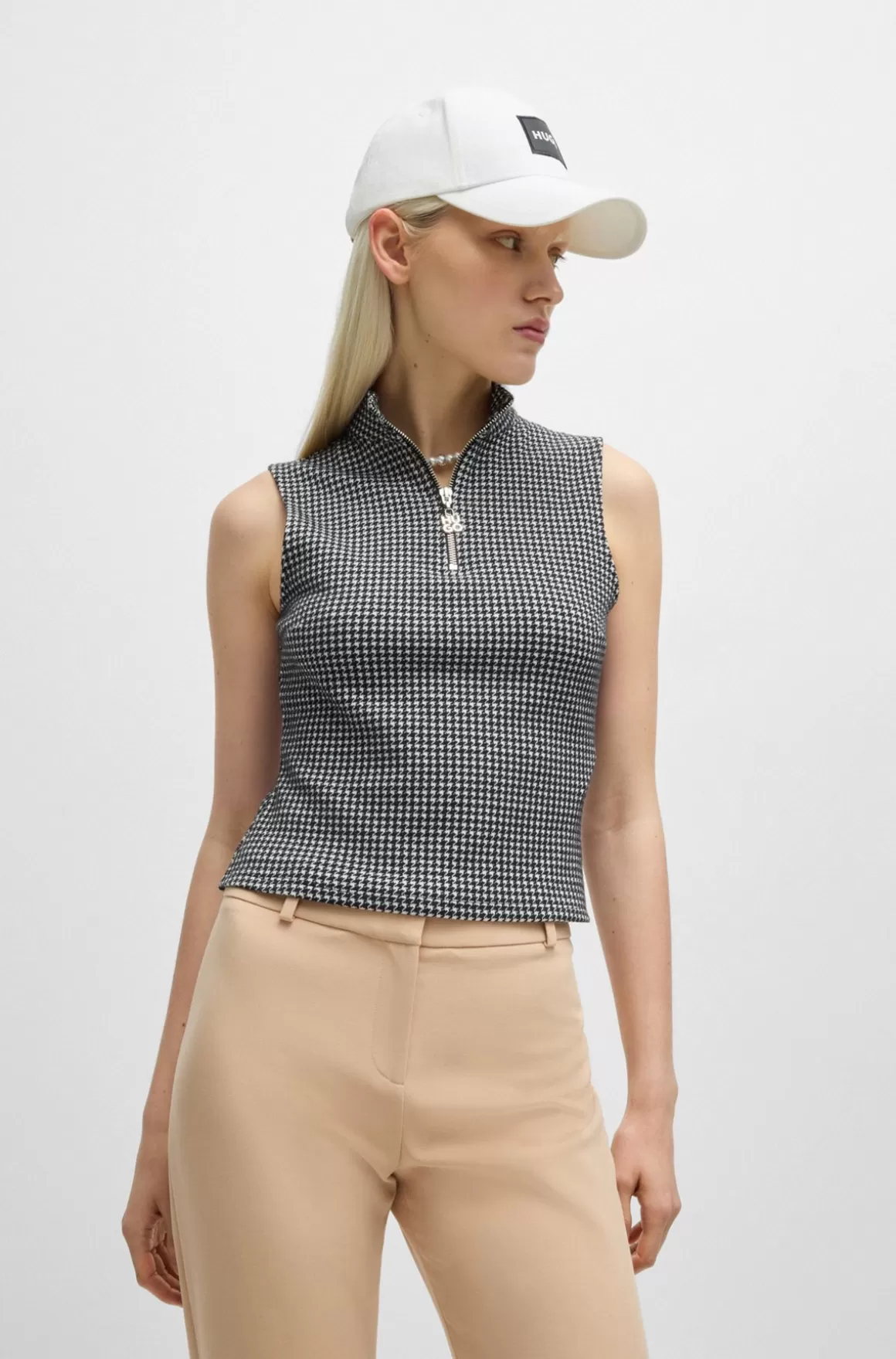 HUGO BOSS Bomuldsblandet Top I Jacquard Med Hanefjedmønster Og Lynlås