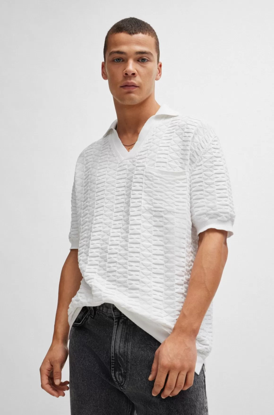 HUGO BOSS Bomuldssweater I Strikket Jacquard Med Johnnykrave