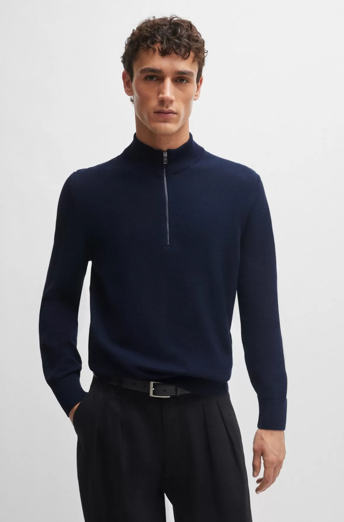 HUGO BOSS Bomuldssweater Med Strikket Struktur Og Lynlås I Halsen