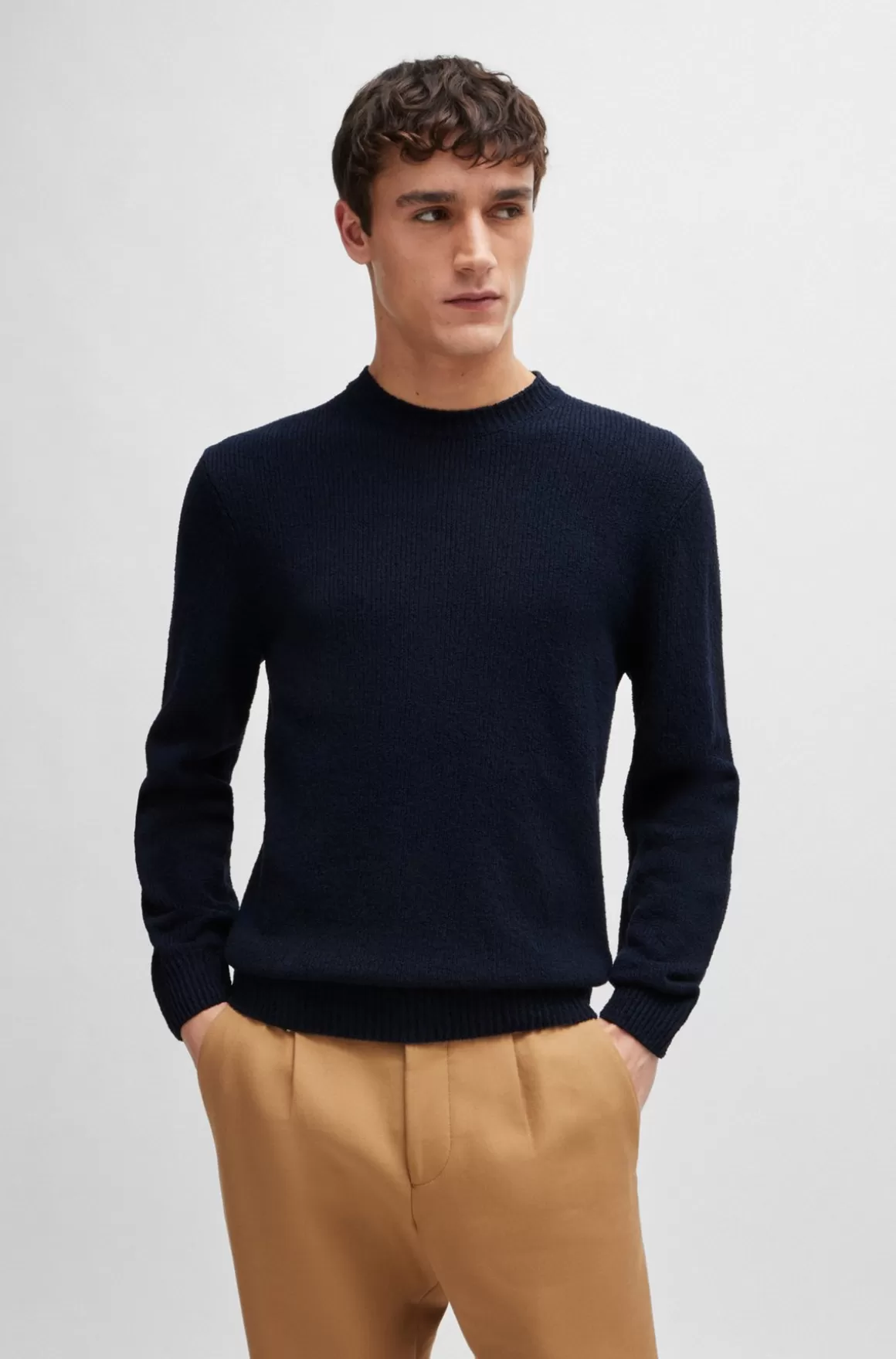 HUGO BOSS Bouclé-strikket Sweater I Bomuldsblanding