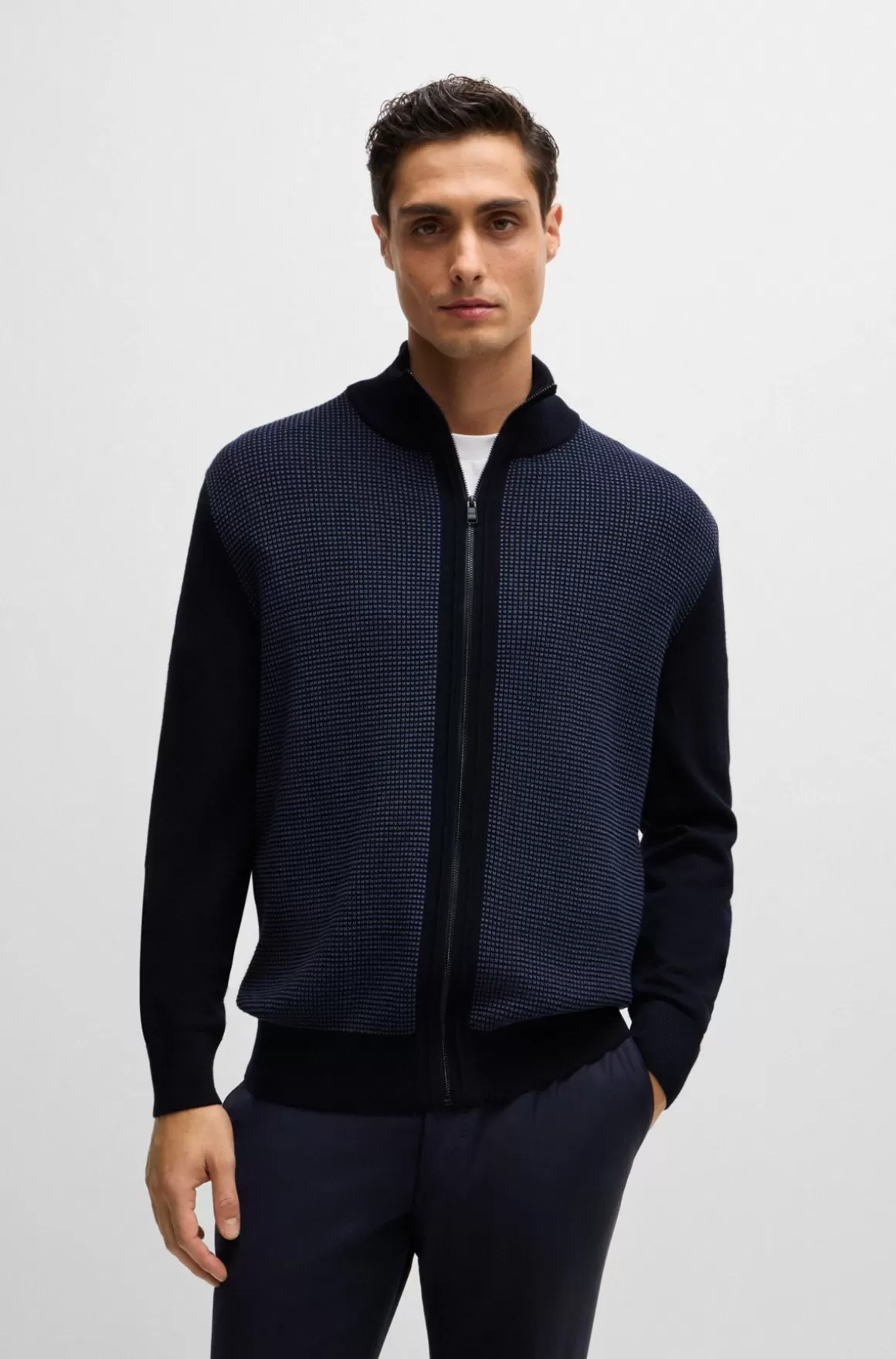 HUGO BOSS Cardigan I Ny Uld Med Lynlås Og Blandede Strukturer