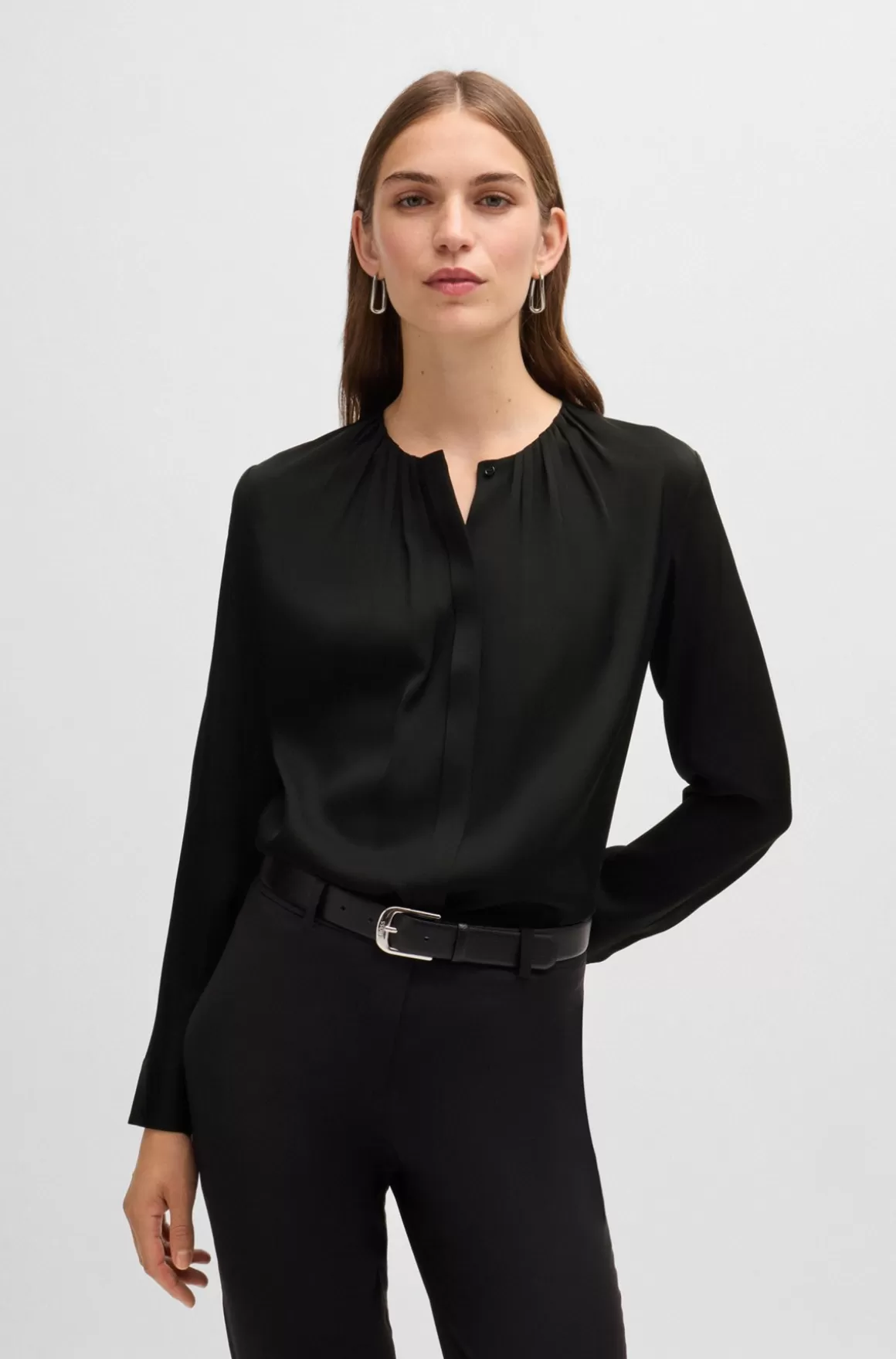Dame HUGO BOSS Dameskjorte Med Rynket Hals I Silke Crepe De Chine Med Stræk