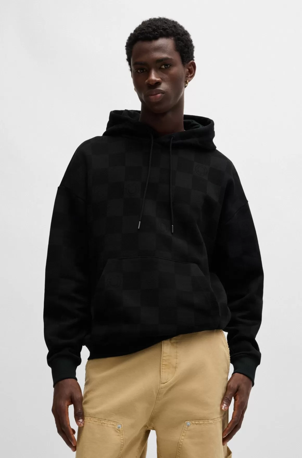 HUGO BOSS Hættetrøje Med Loose Fit I Sweatkvalitet Af Bomuld Med Skakternet Print