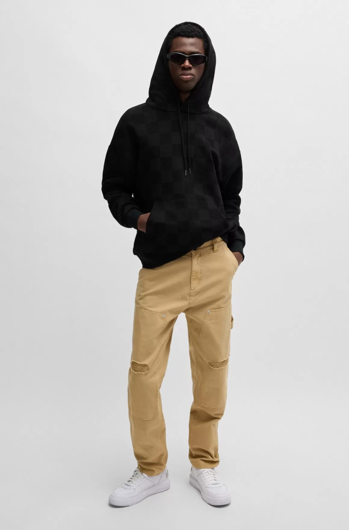 HUGO BOSS Hættetrøje Med Loose Fit I Sweatkvalitet Af Bomuld Med Skakternet Print