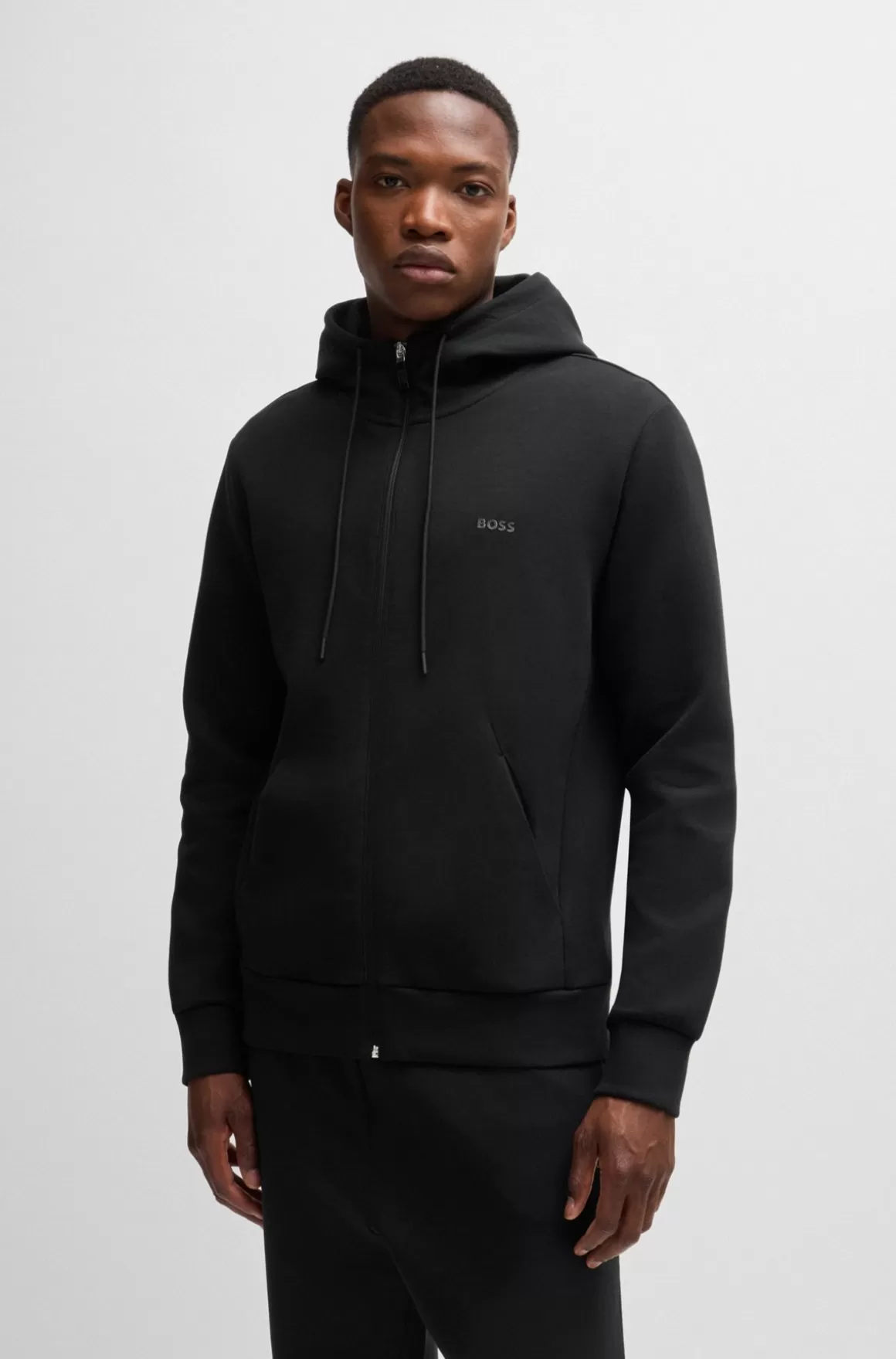 HUGO BOSS Hættetrøje Med Lynlås I Bomuld Med Stræk Og Logoprint