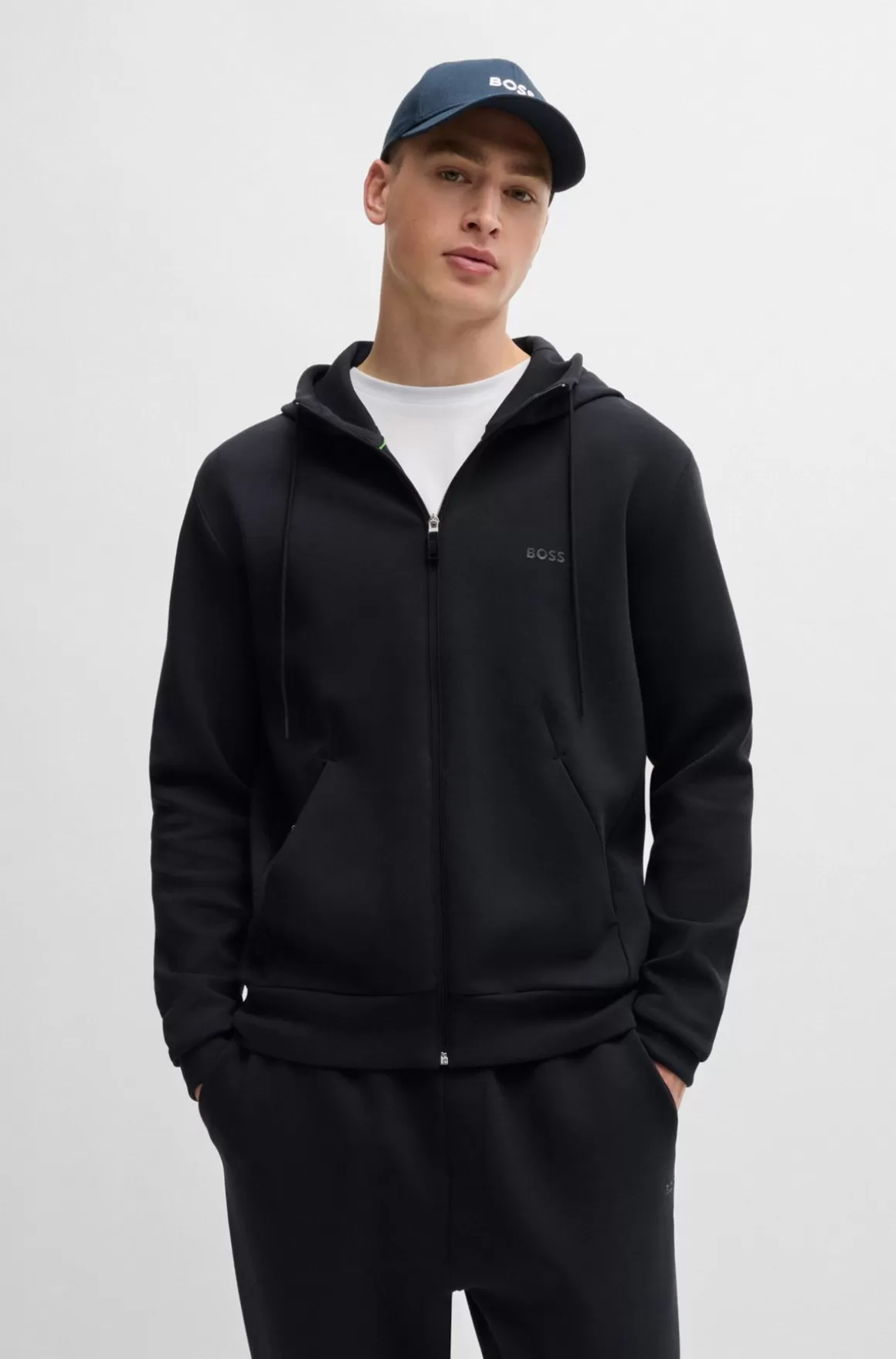 HUGO BOSS Hættetrøje Med Lynlås I Bomuld Med Stræk Og Logoprint