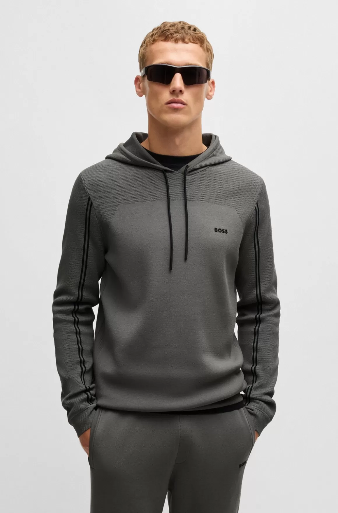 HUGO BOSS Hættetrøje Med Regular Fit I Strik Med Striber Og Branding