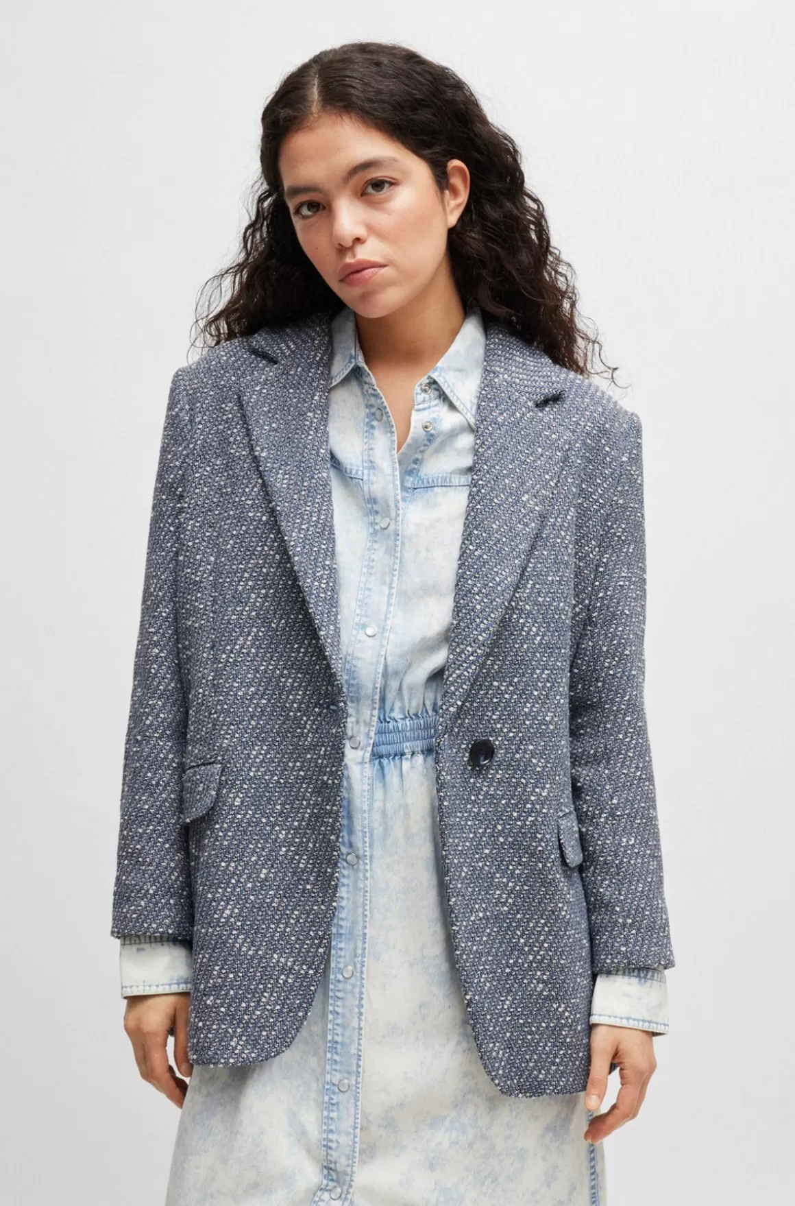 HUGO BOSS Jakke Med Enkelt Knap I Tweed Med Denimeffekt