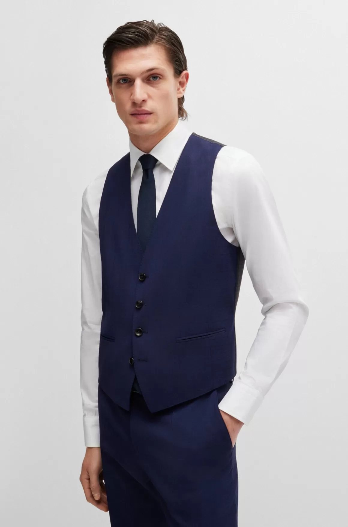 HUGO BOSS Jakkesæt I Tre Dele Med Slim Fit I Diskret Ternet Stof Med Stræk