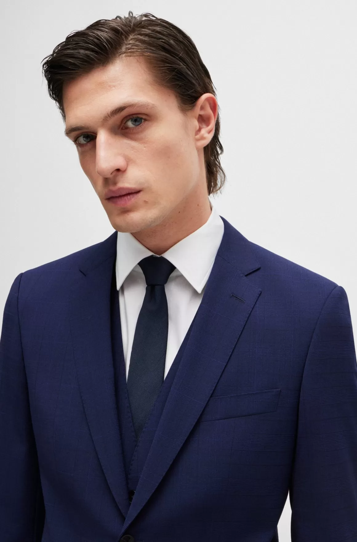 HUGO BOSS Jakkesæt I Tre Dele Med Slim Fit I Diskret Ternet Stof Med Stræk