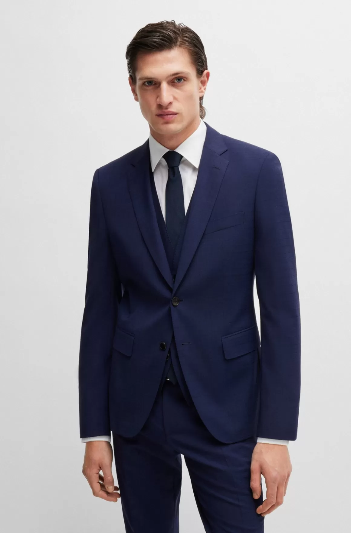 HUGO BOSS Jakkesæt I Tre Dele Med Slim Fit I Diskret Ternet Stof Med Stræk