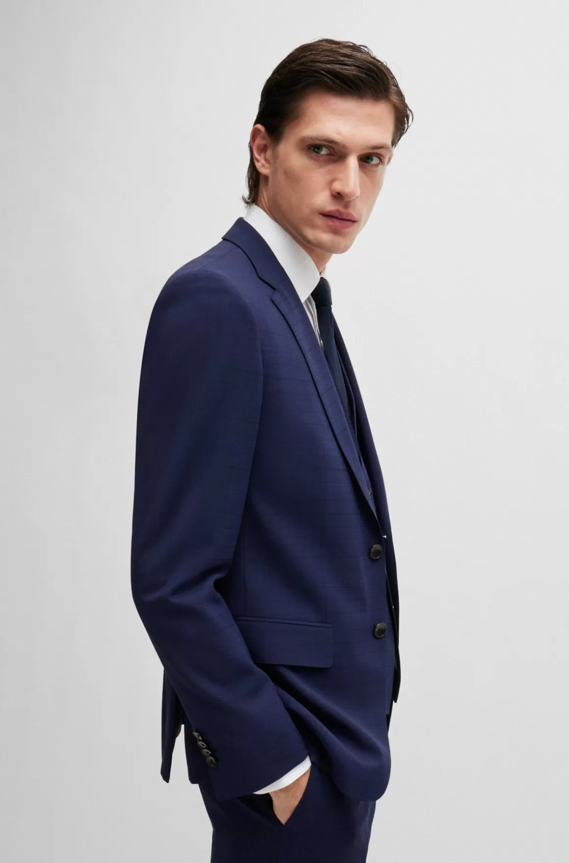 HUGO BOSS Jakkesæt I Tre Dele Med Slim Fit I Diskret Ternet Stof Med Stræk