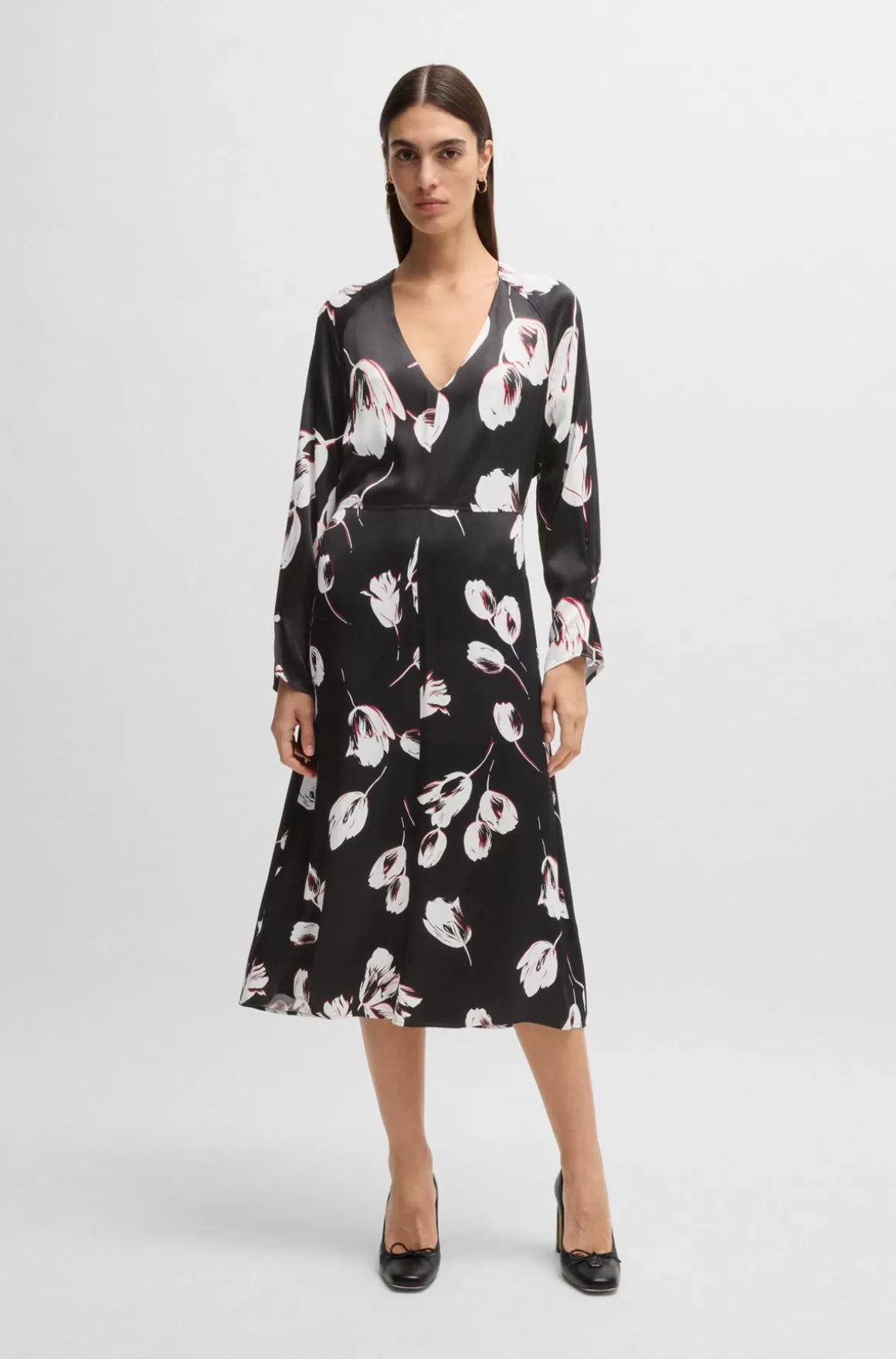HUGO BOSS Kjole I Satin Med V-hals Og Tulipanprint