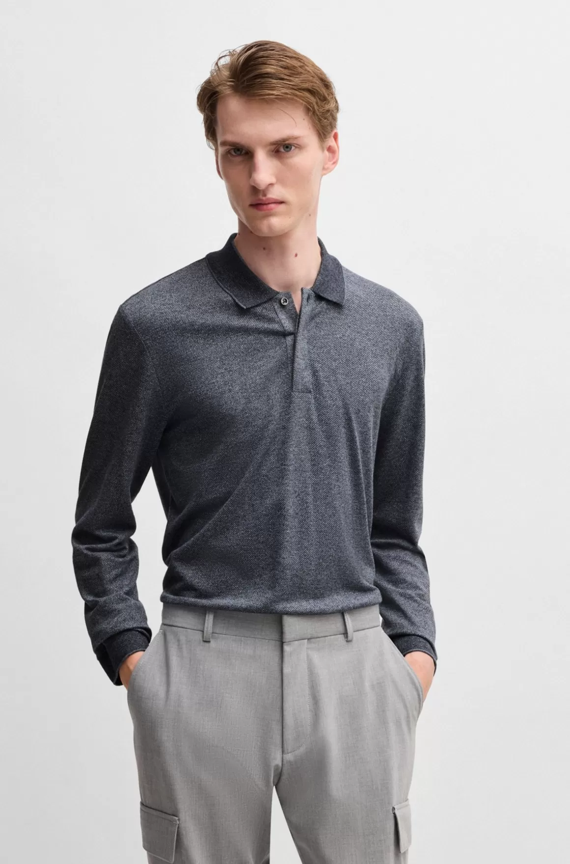HUGO BOSS Langærmet Poloshirt I Strik Af Moulinébomuld Og Silke