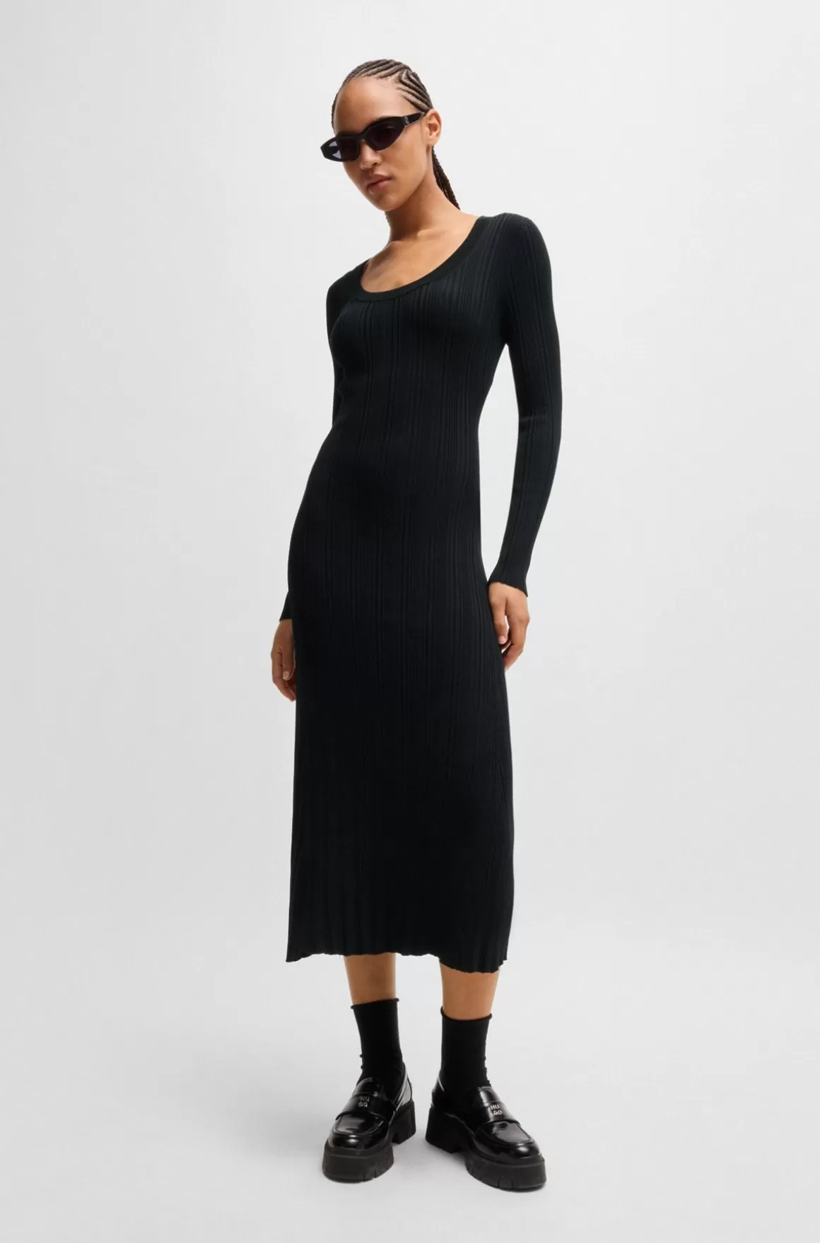 HUGO BOSS Midikjole Med Slim Fit Og Uregelmæssig Ribstruktur