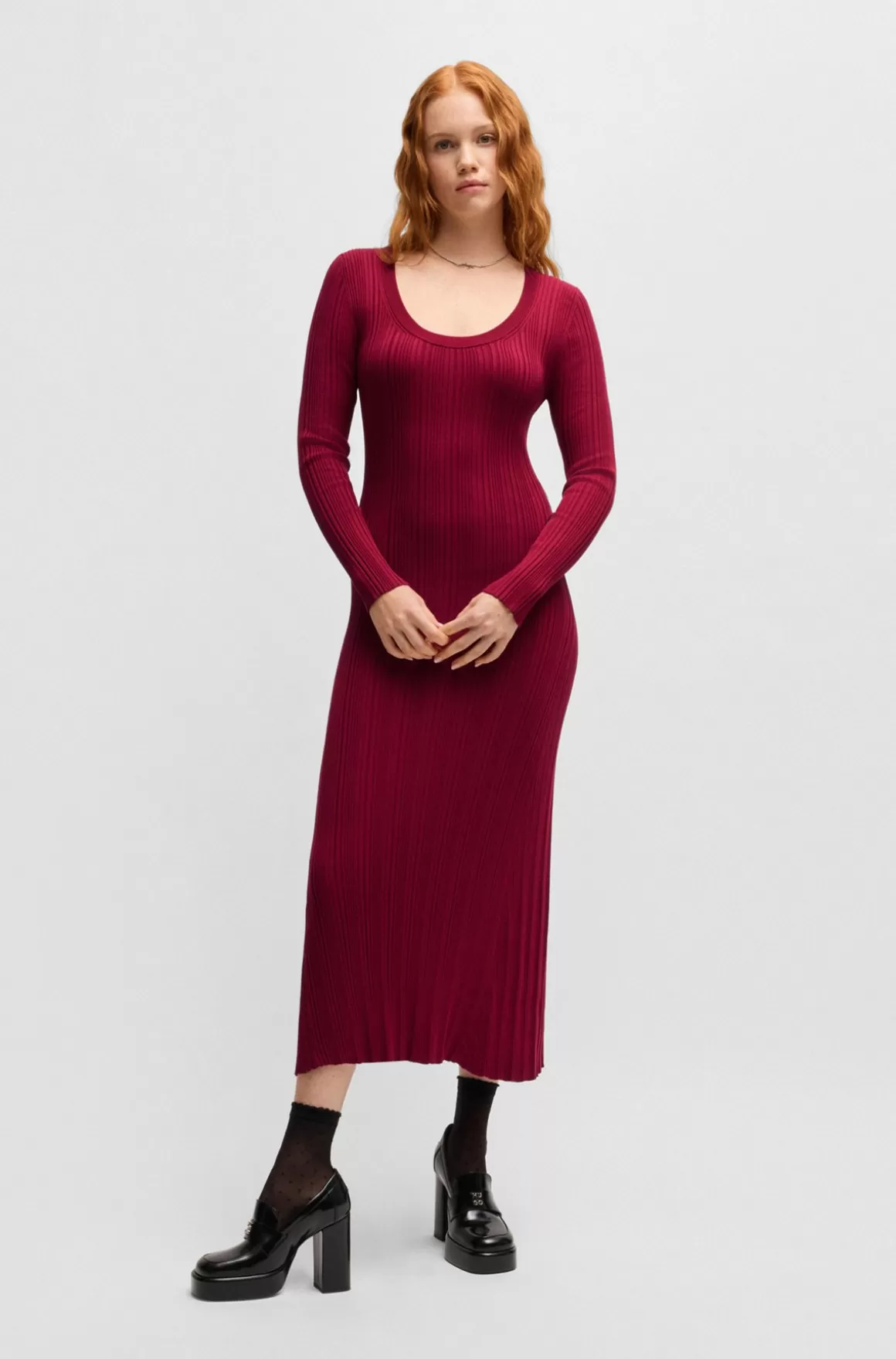 HUGO BOSS Midikjole Med Slim Fit Og Uregelmæssig Ribstruktur