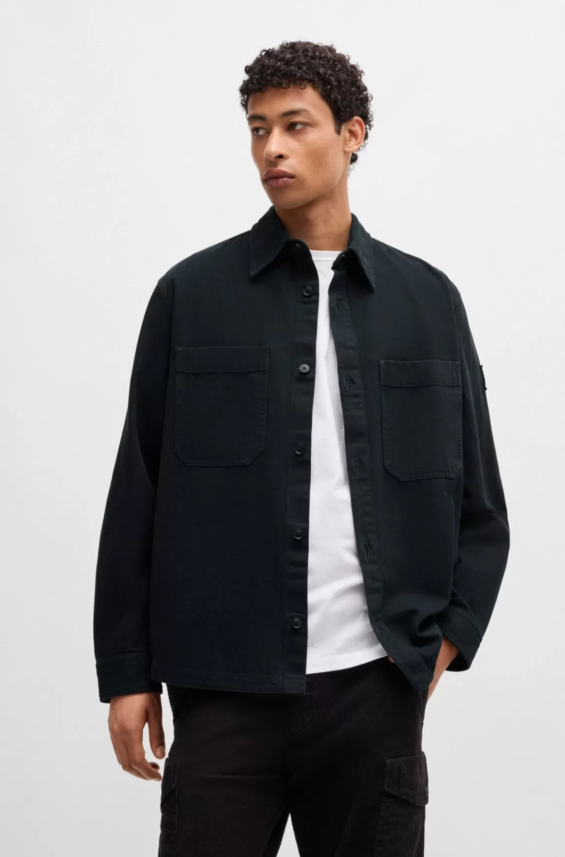 HUGO BOSS Oversize Fit Yderskjorte I Bomuldspiqué Med En Krave Med Spidse Flipper