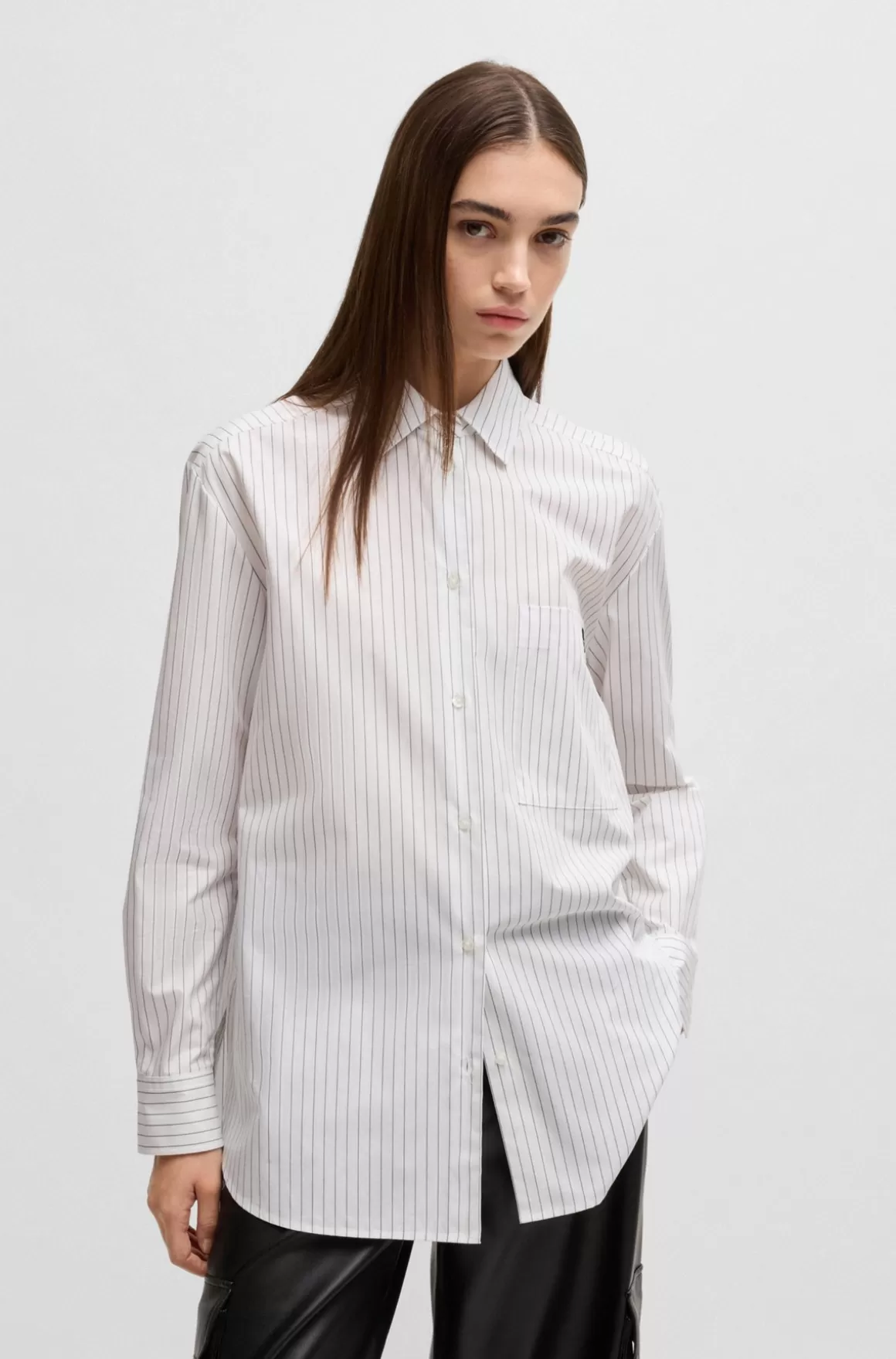 Dame HUGO BOSS Oversized Fit Skjorte I Stribet Bomuld Med Sommerfugleprint
