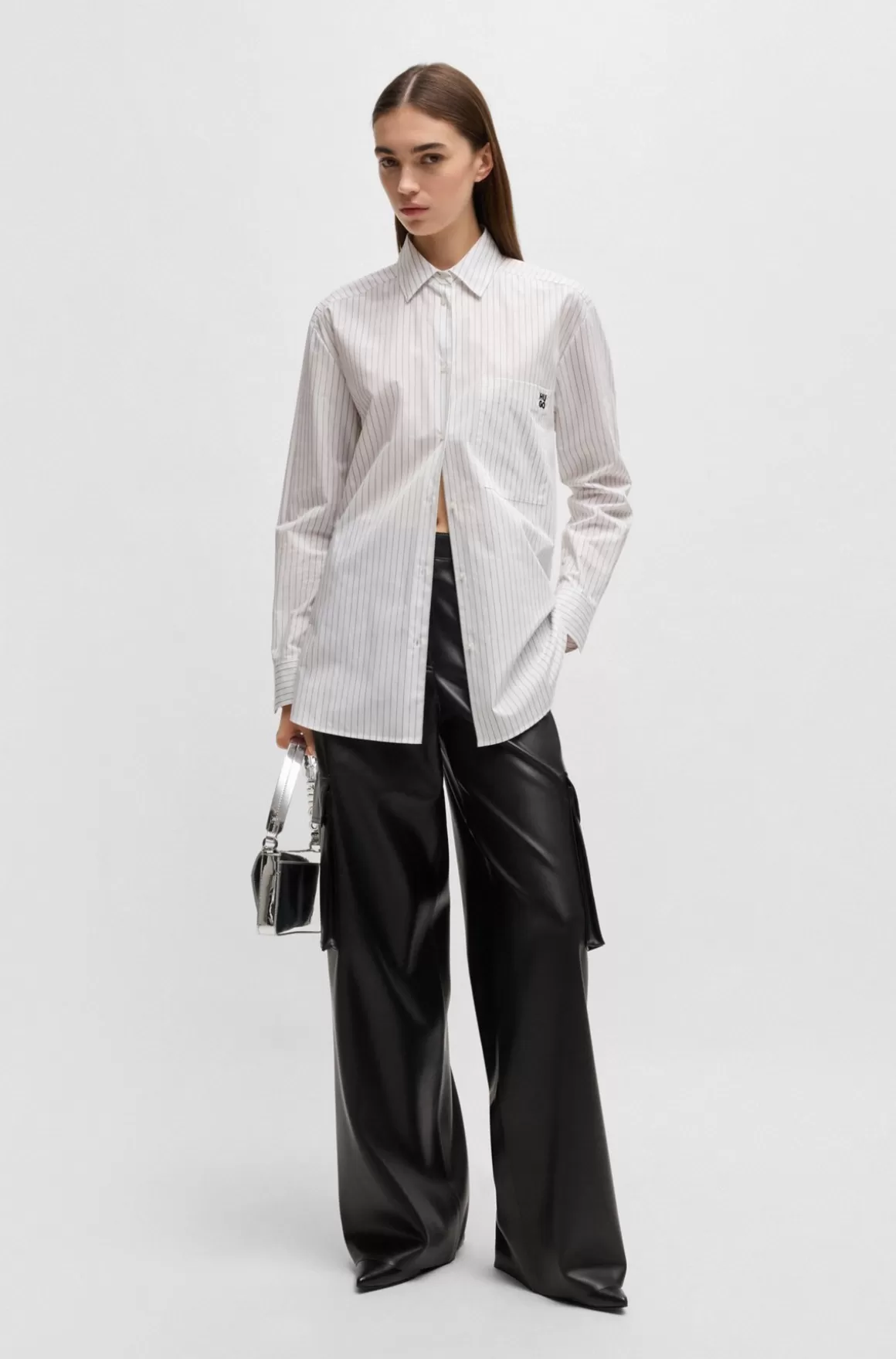 Dame HUGO BOSS Oversized Fit Skjorte I Stribet Bomuld Med Sommerfugleprint