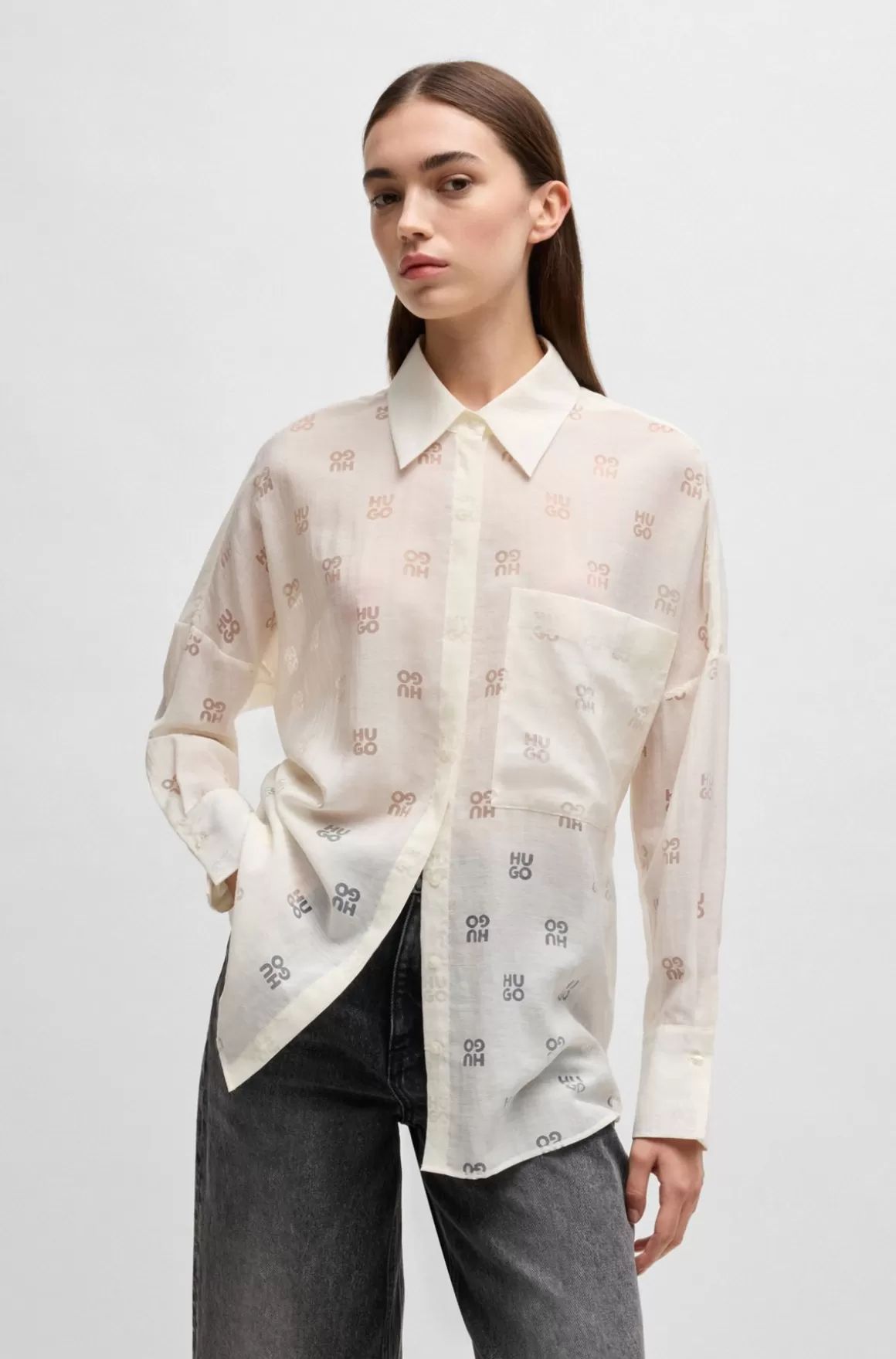 Dame HUGO BOSS Oversized Fit Skjorte Med Burnout-logoprint