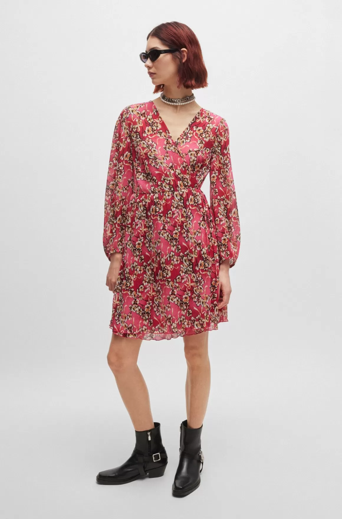 HUGO BOSS Plisseret Slå Om-kjole Med Blomsterprint Og Elastiske ærmekanter