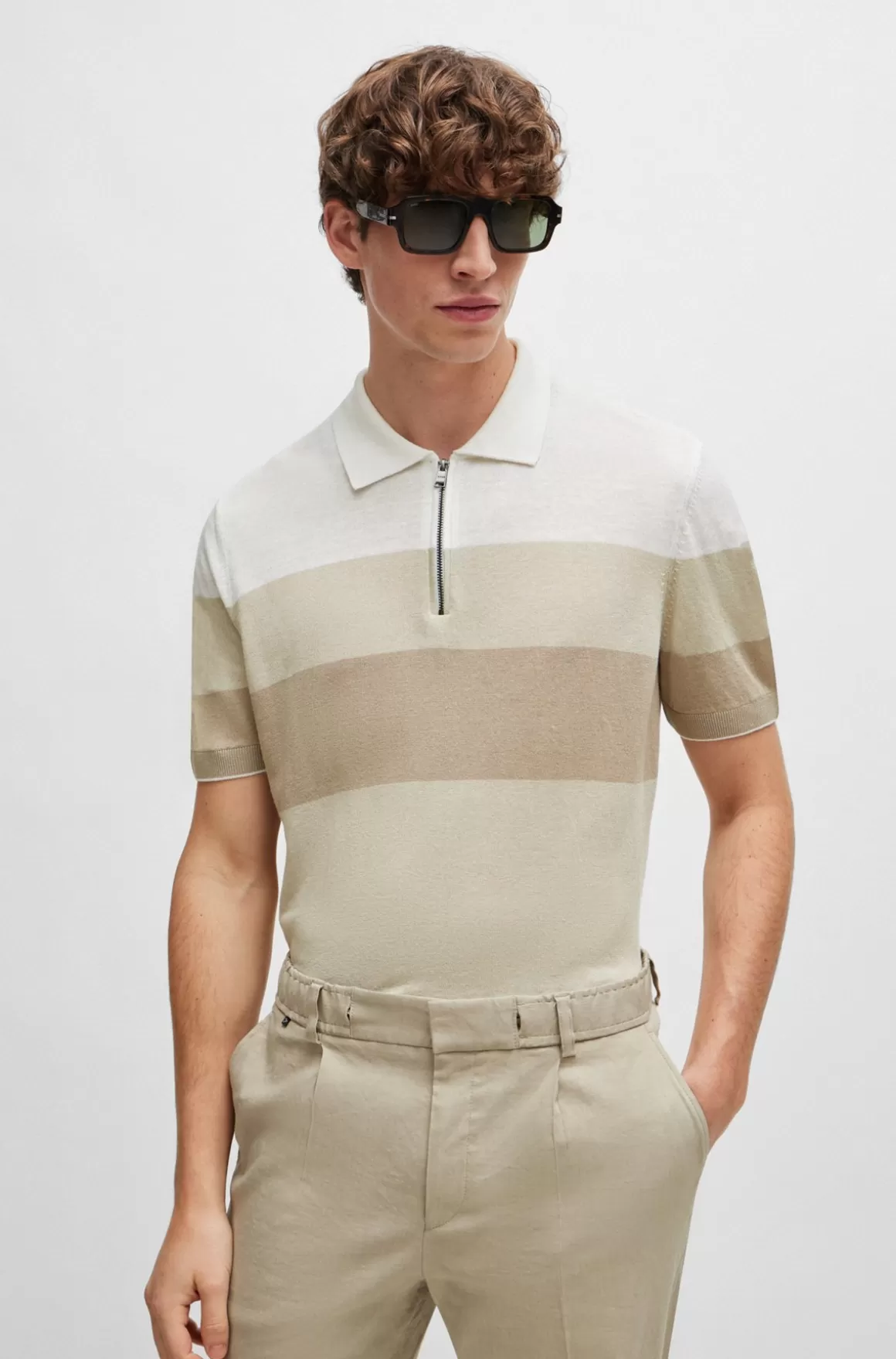 HUGO BOSS Polosweater I Hørblanding Med Lynlås