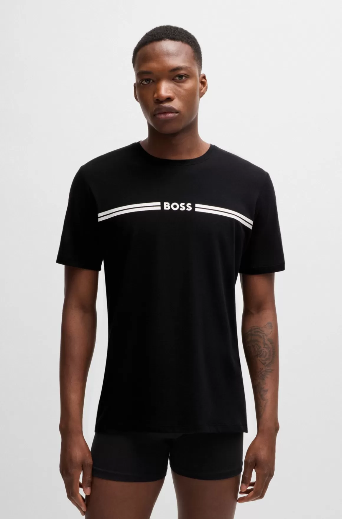 HUGO BOSS Pyjamas-T-shirt I Bomuld Med Stræk, Stribe Og Logo
