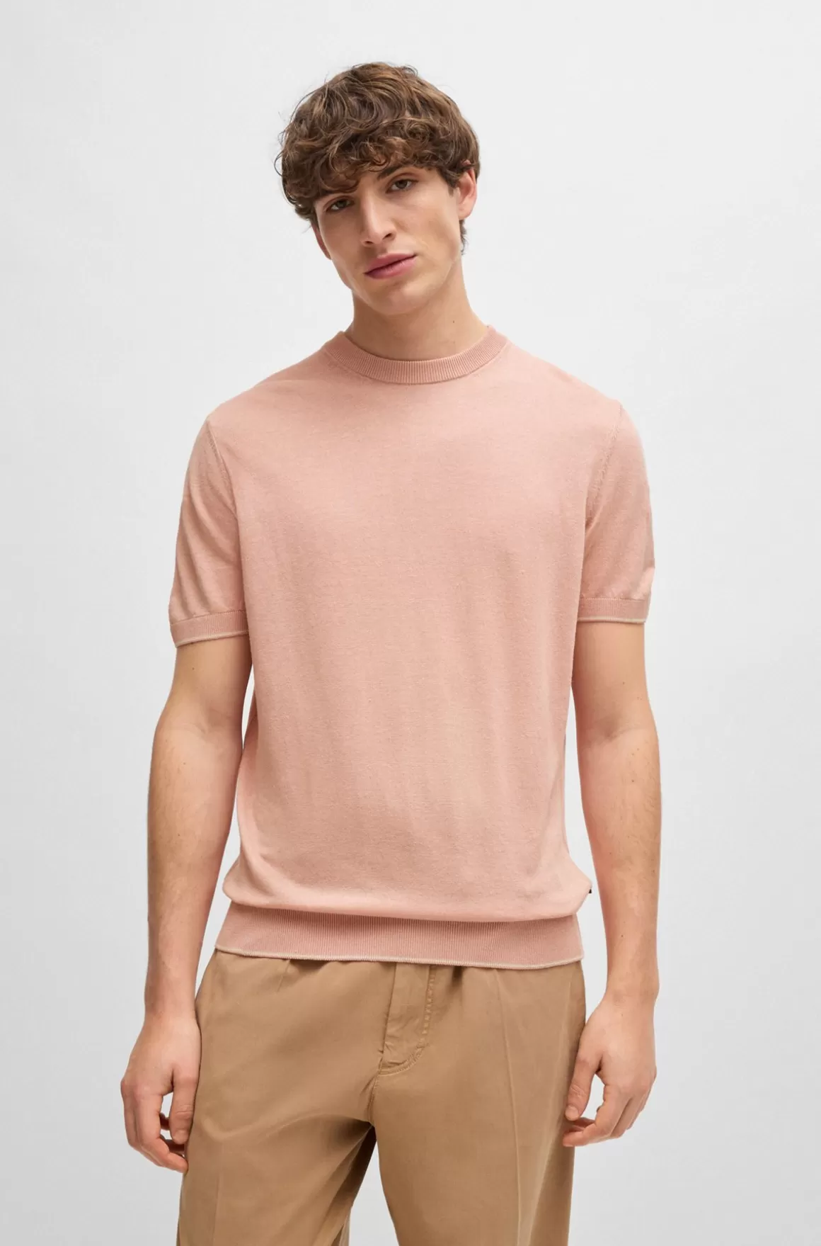 HUGO BOSS Regular Fit Sweater I Hørblanding Med Stribe Ved Sømkanter