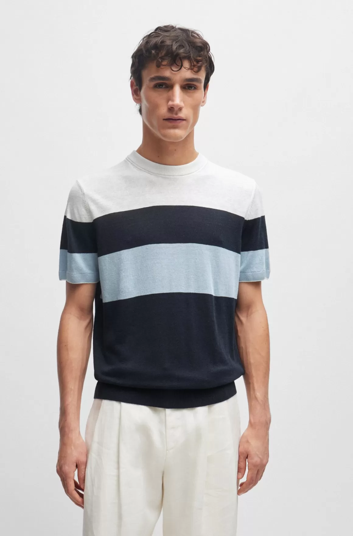 HUGO BOSS Regular Fit Sweater I Hørblanding Med Stribe Ved Sømkanter