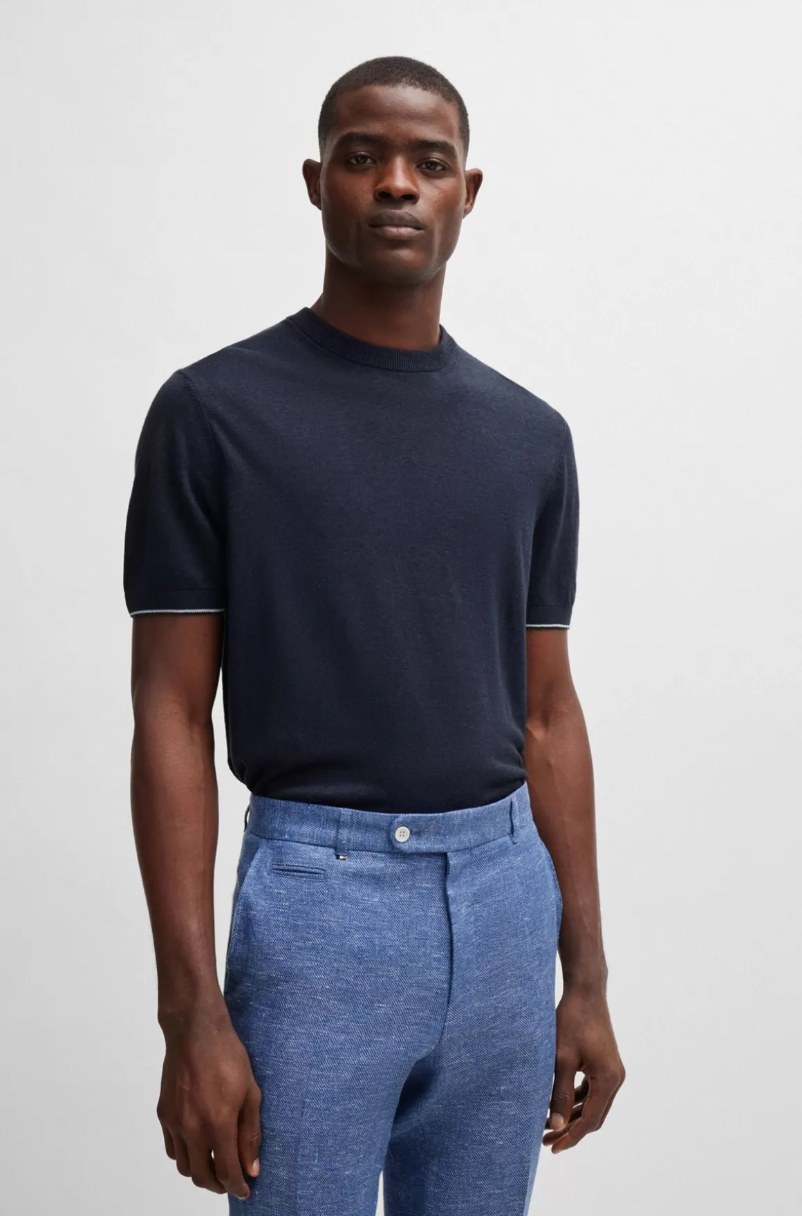 HUGO BOSS Regular Fit Sweater I Hørblanding Med Stribe Ved Sømkanter