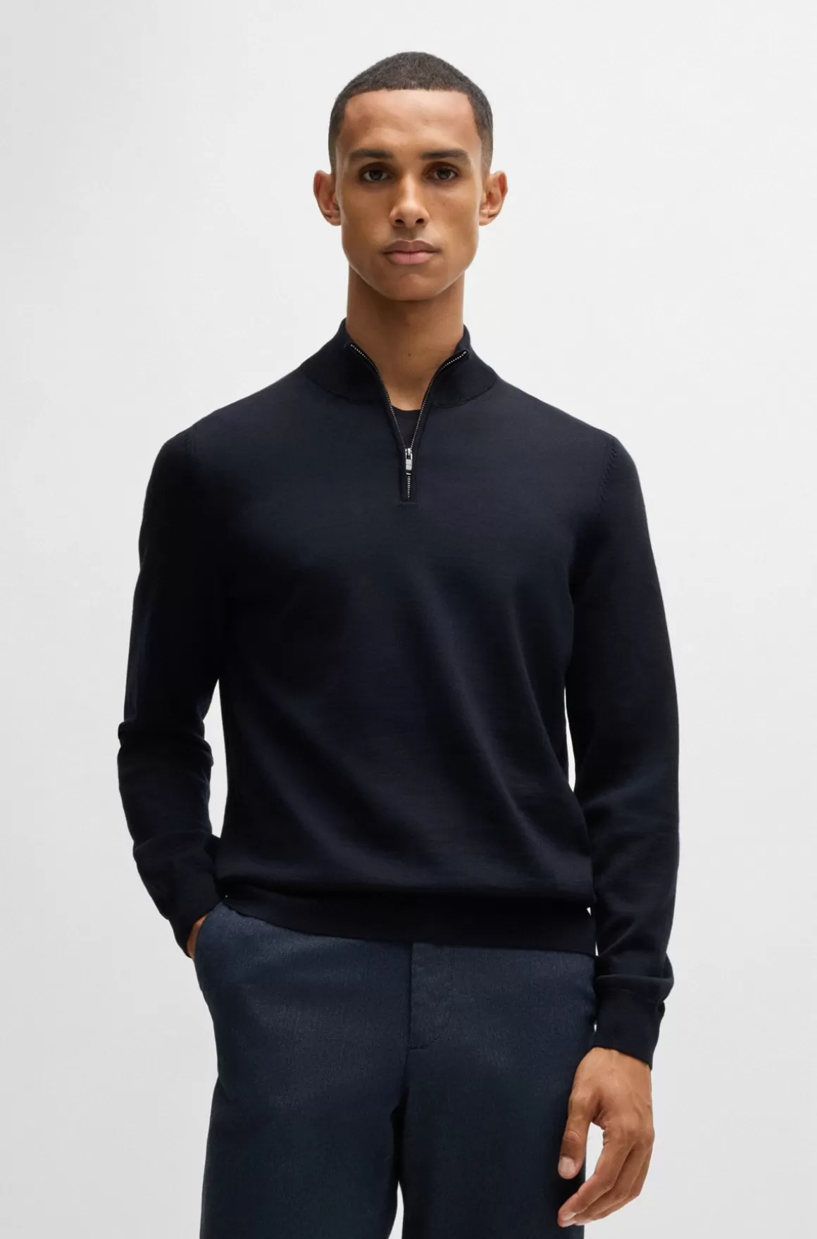 HUGO BOSS Regular Fit Sweater I Ny Uld Med Lynlås I Halsen