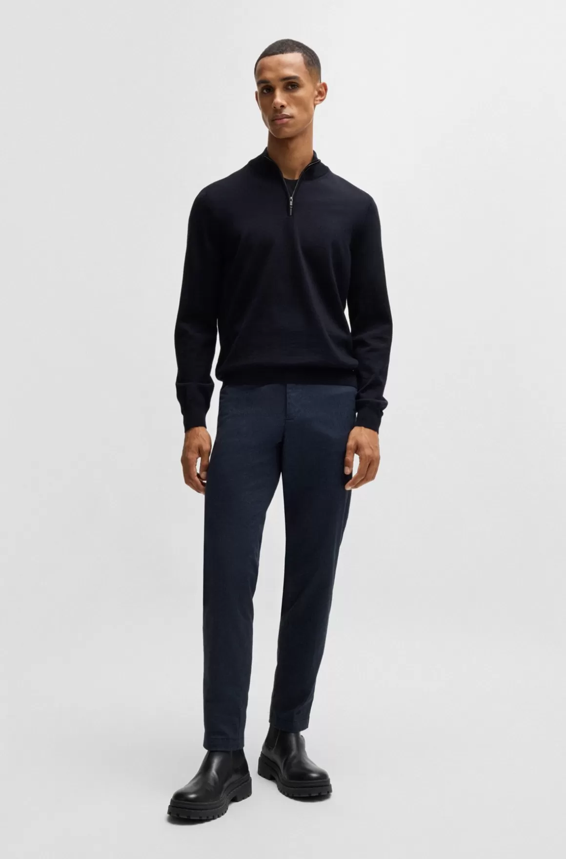 HUGO BOSS Regular Fit Sweater I Ny Uld Med Lynlås I Halsen