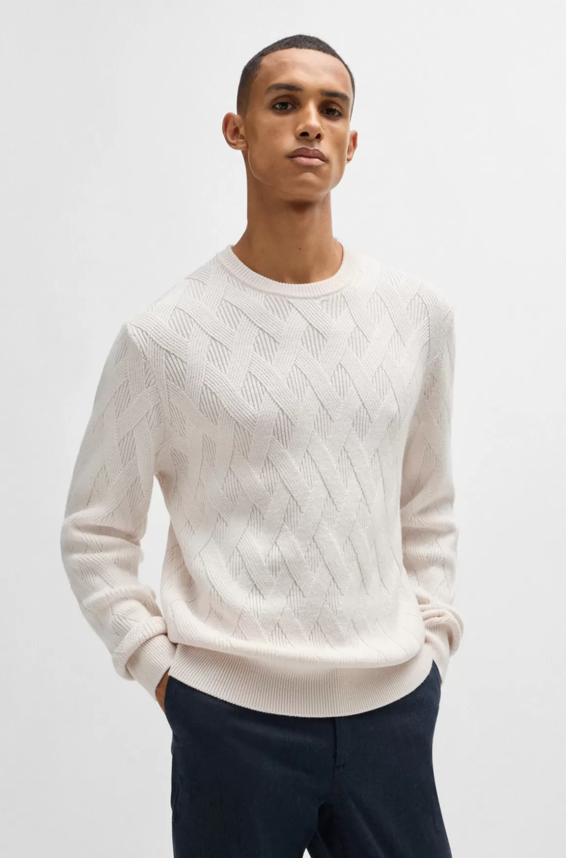 HUGO BOSS Regular Fit Sweater I Ny Uld Med Strikket Struktur