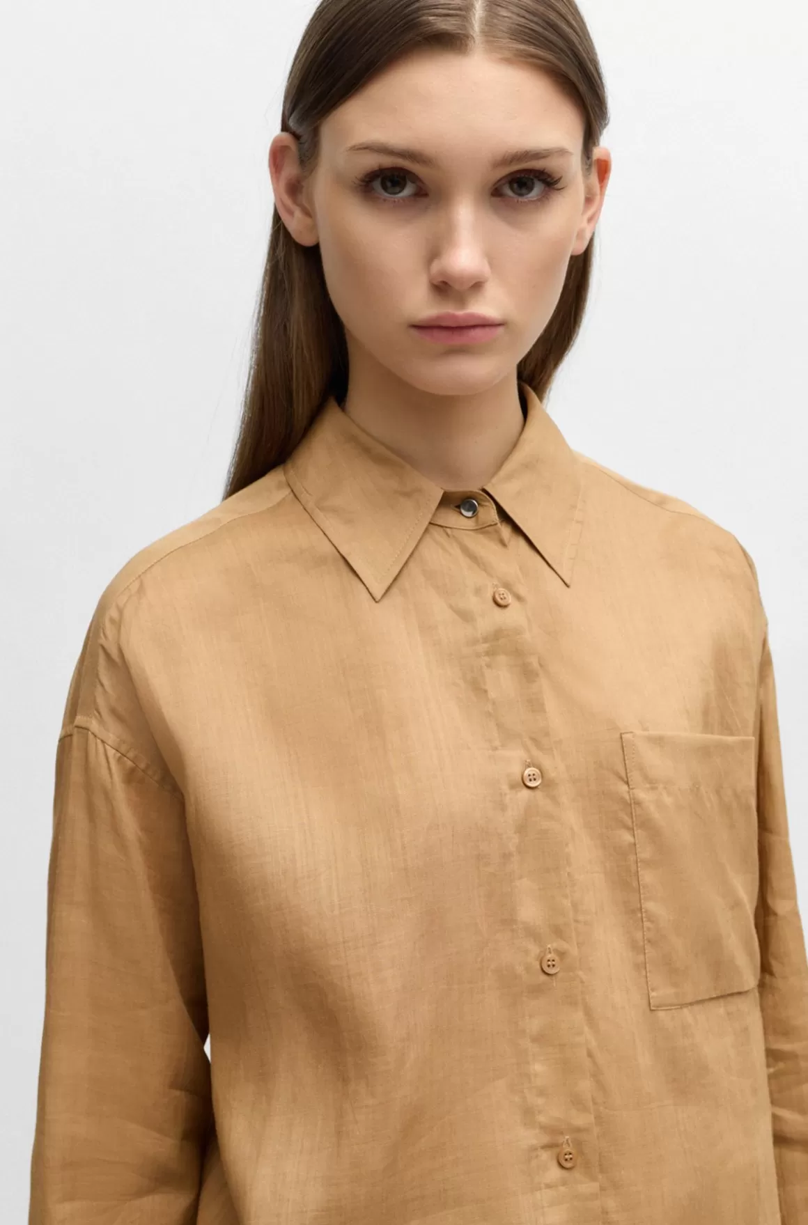 Dame HUGO BOSS Relaxed Fit Skjorte I Ramiekanvas Med En Krave Med Spidse Flipper