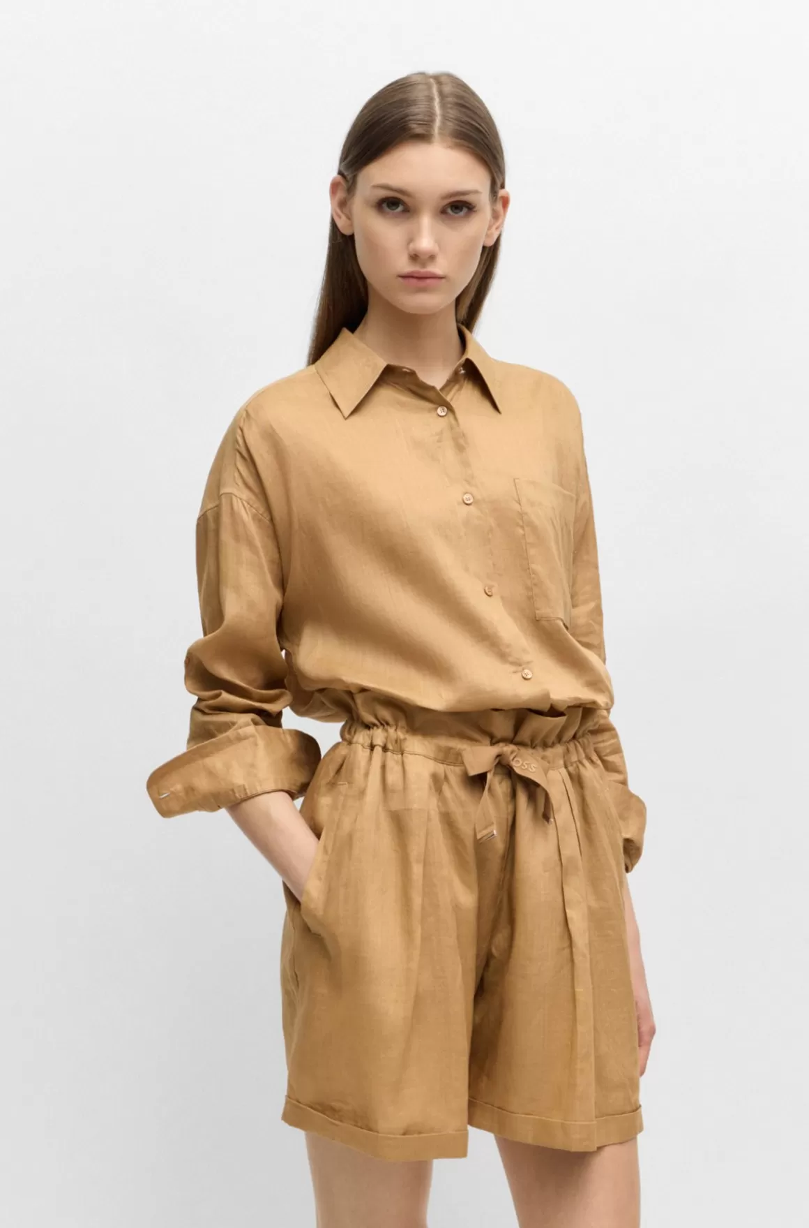 Dame HUGO BOSS Relaxed Fit Skjorte I Ramiekanvas Med En Krave Med Spidse Flipper