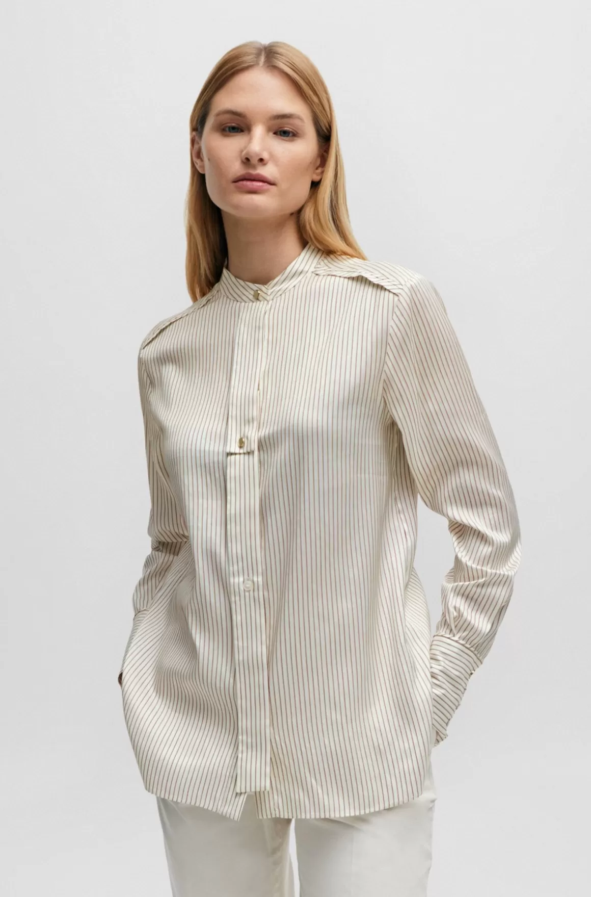 Dame HUGO BOSS Relaxed Fit Skjorte I Stribet Silke Og Bomuld