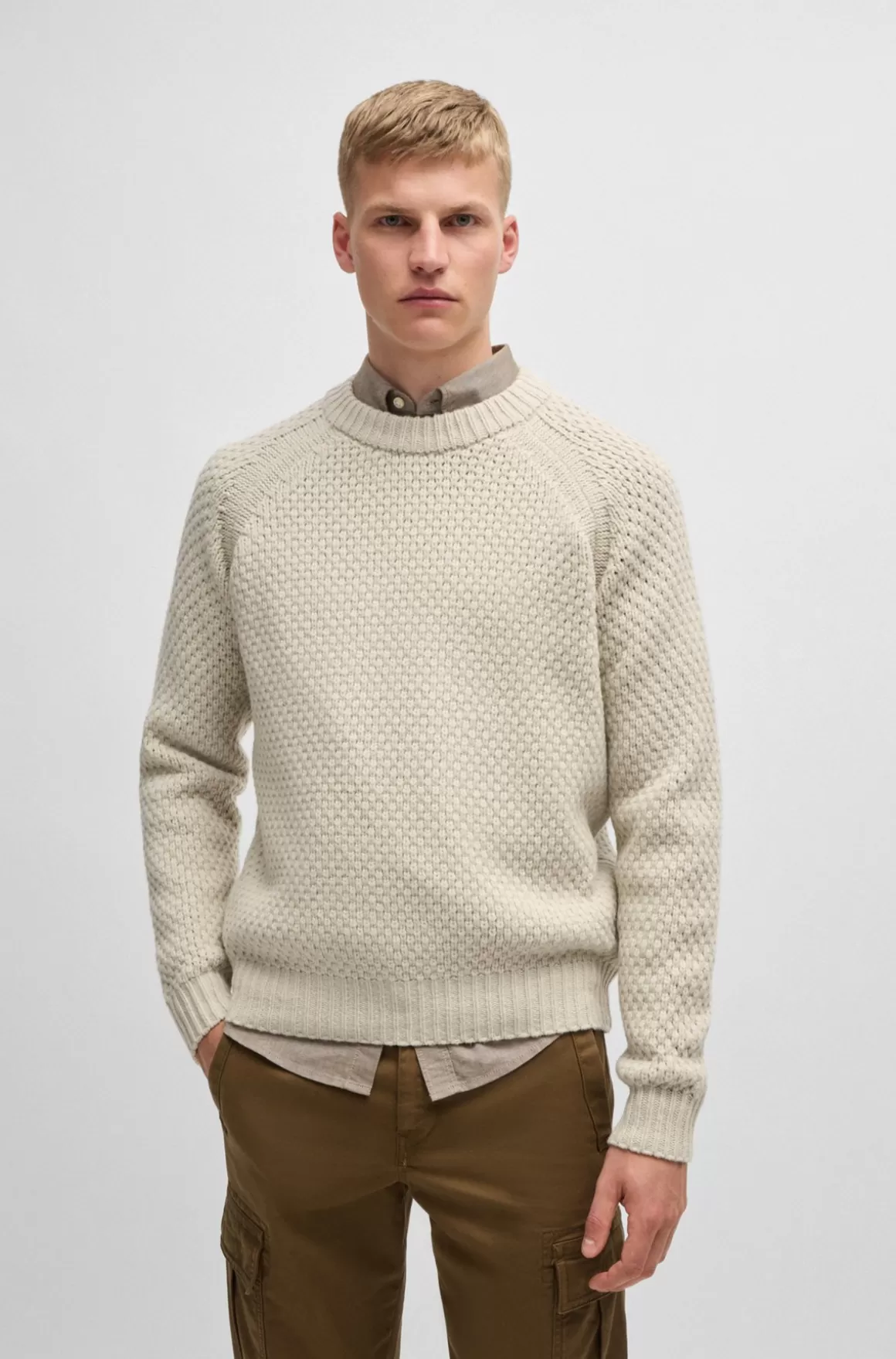 HUGO BOSS Relaxed Fit Sweater I Uldblanding Med Struktur