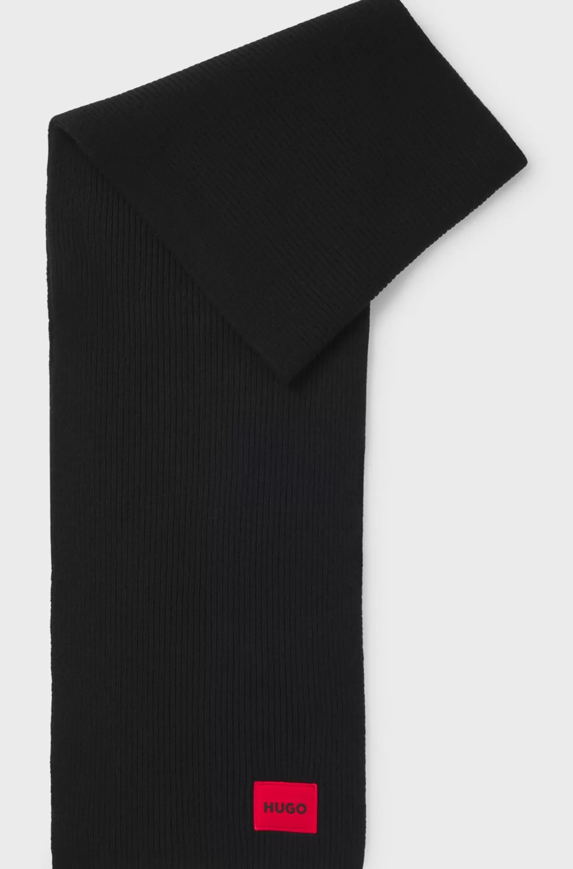 HUGO BOSS Ribstrikket Halstørklæde I Uldblanding Med Rødt Logomærkat