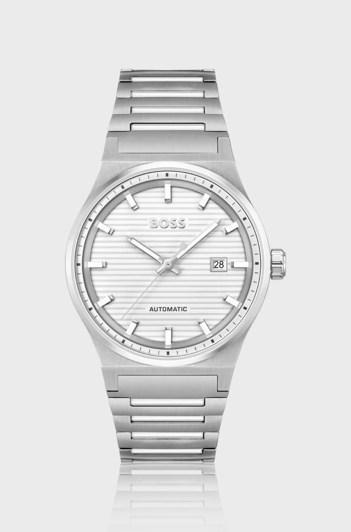 HUGO BOSS Silver-tone Automatic Watch With White Grooved Dial