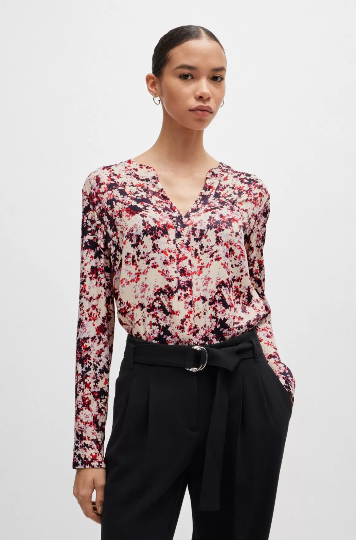 Dame HUGO BOSS Skjorte I Satin Med Blomsterprint Og V-hals