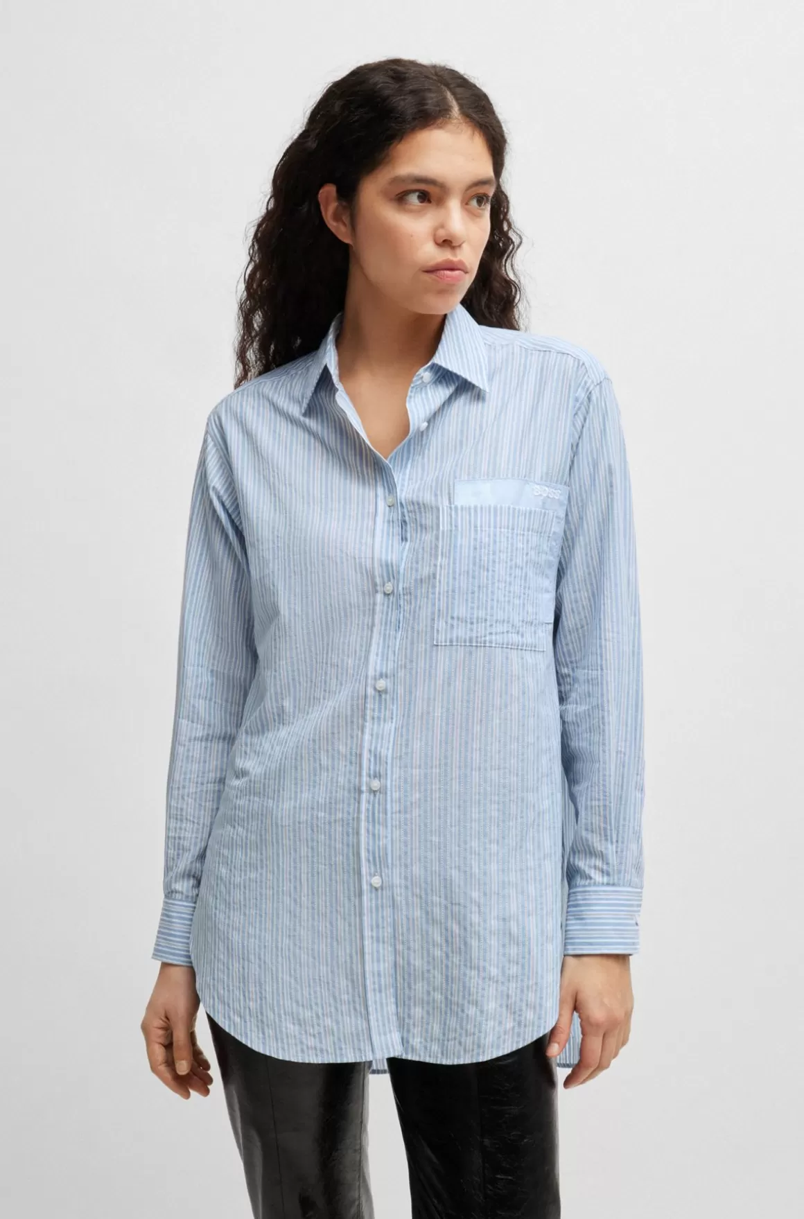 Dame HUGO BOSS Skjorte I Stribet Bomuldskanvas Med Relaxed Fit