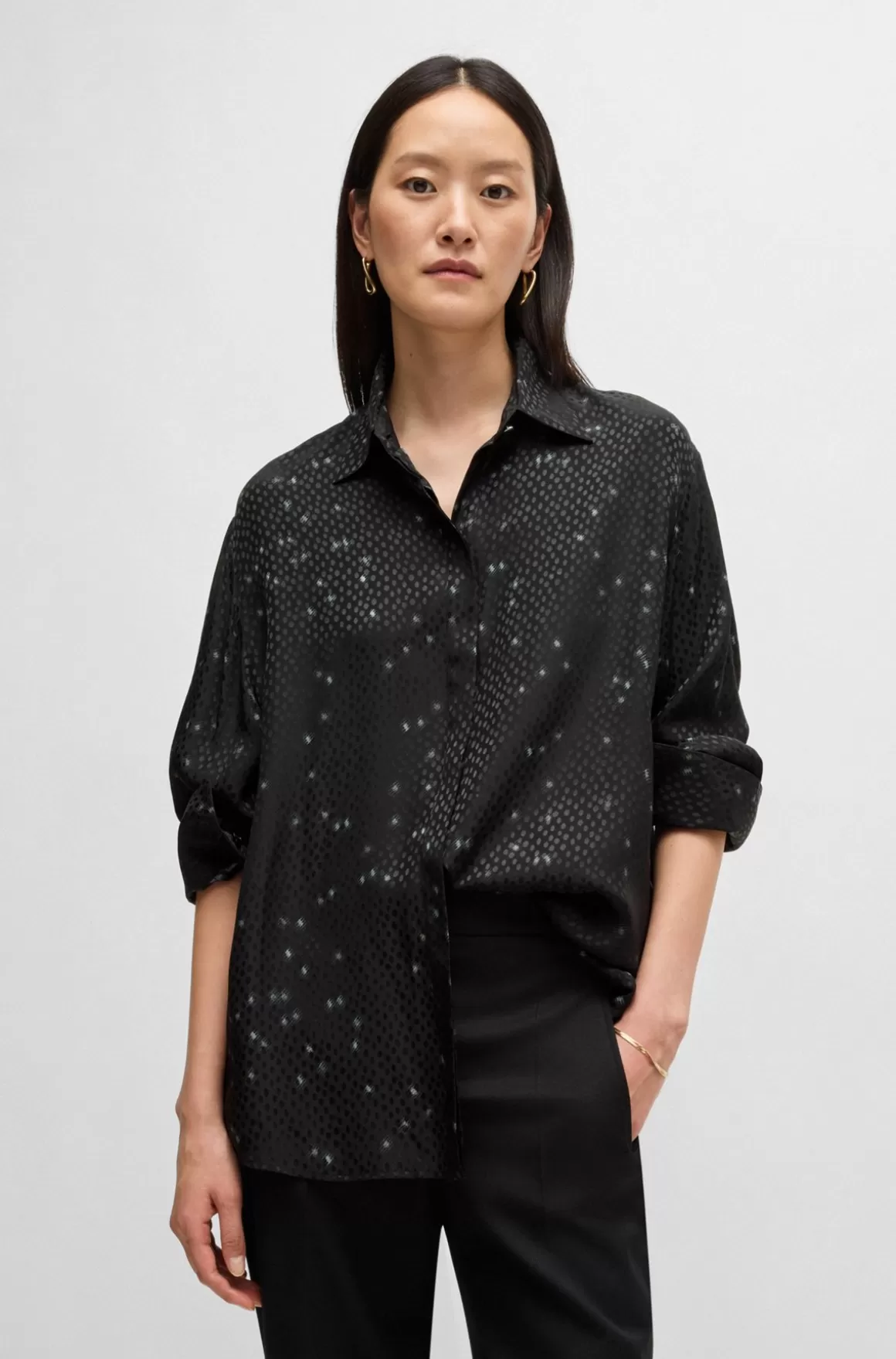 Dame HUGO BOSS Skjorte Med Loose Fit I Prikket Jacquard Med Print
