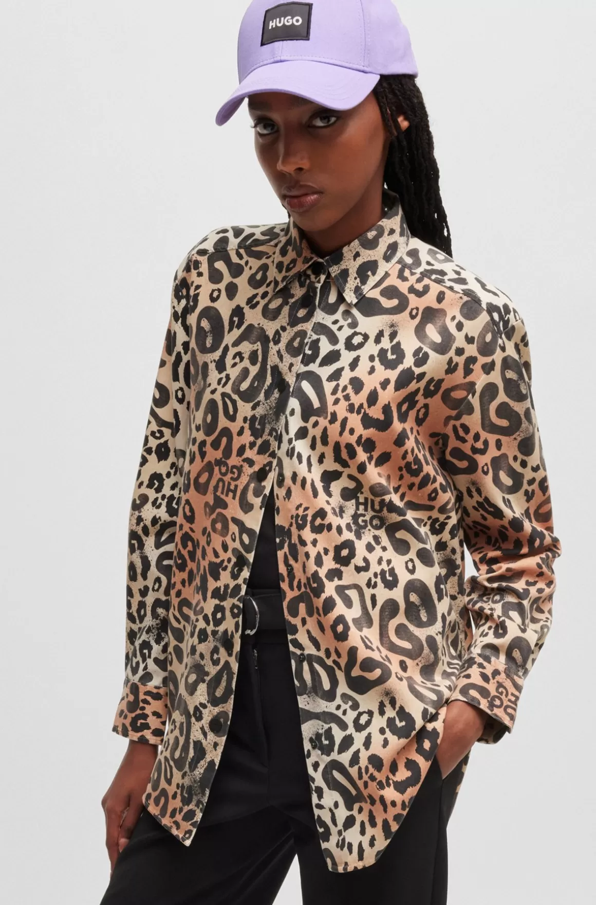 Dame HUGO BOSS Skjorte Med Oversize Fit I Leopardprintet Twill