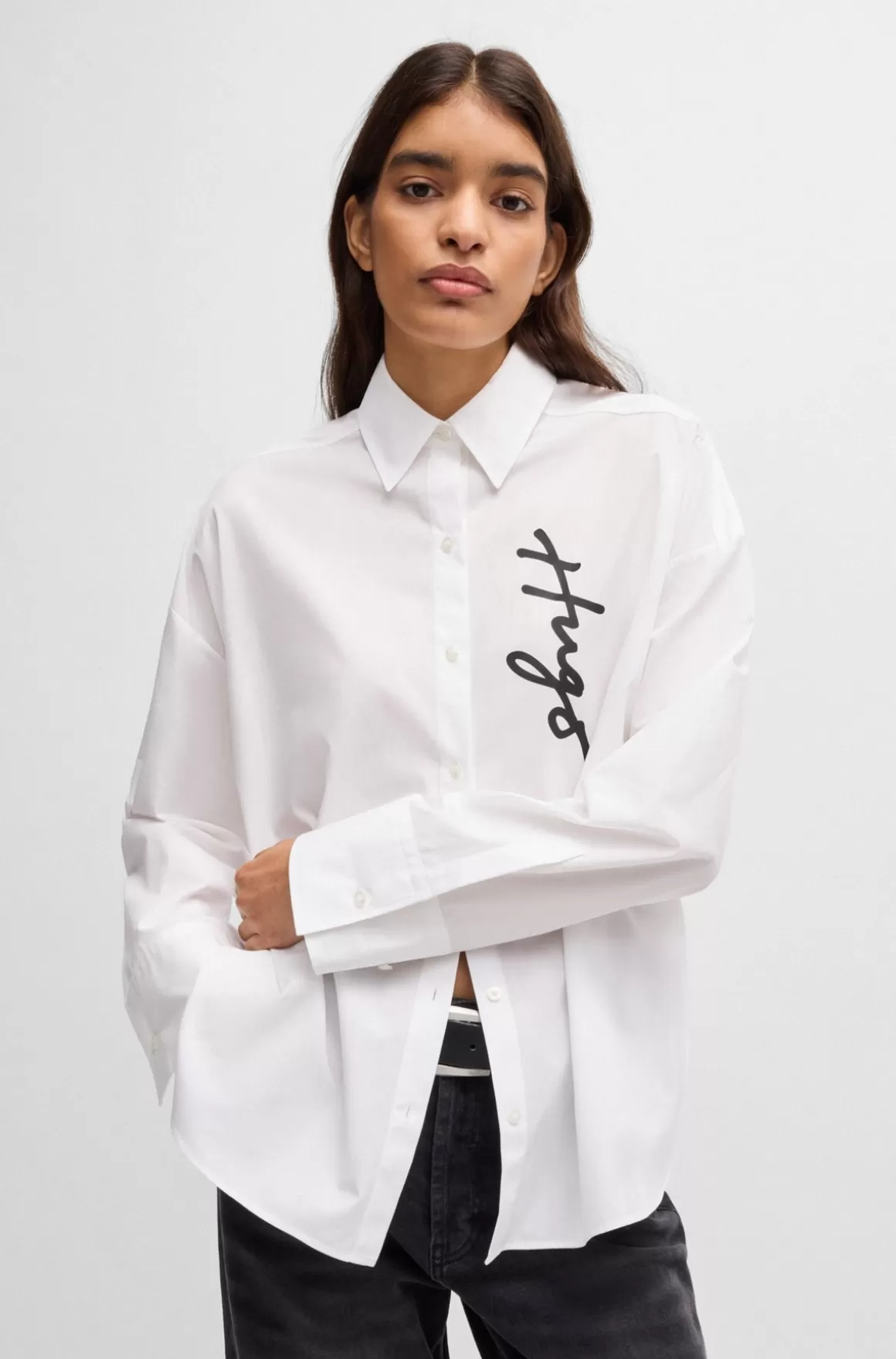 Dame HUGO BOSS Skjorte Med Oversize Fit Og Håndskrevet Logoprint