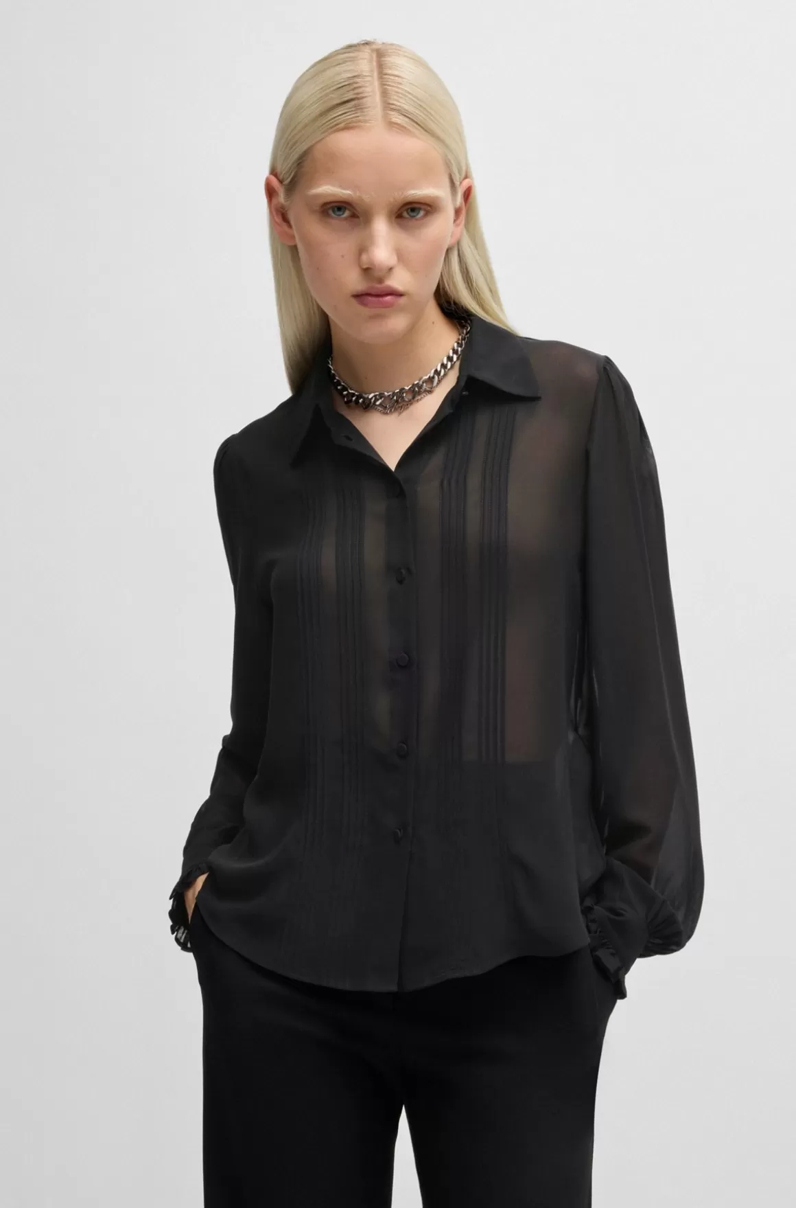 Dame HUGO BOSS Skjorte Med Regular Fit I Halvtransparent Chiffon