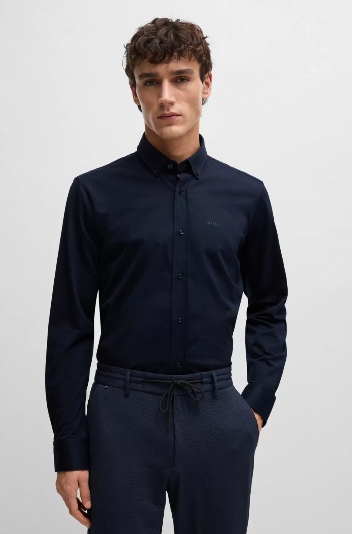 HUGO BOSS Skjorte Med Regular Fit I Jersey Af Bomuldsblanding Med Struktur
