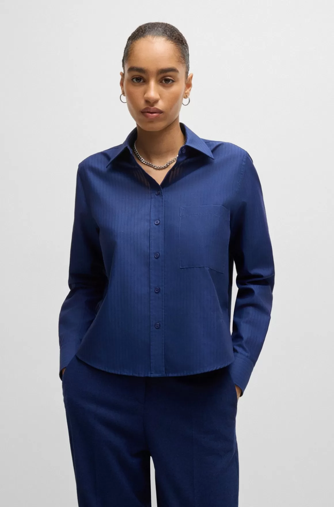 Dame HUGO BOSS Skjorte Med Regular Fit I Stribet Bomuld
