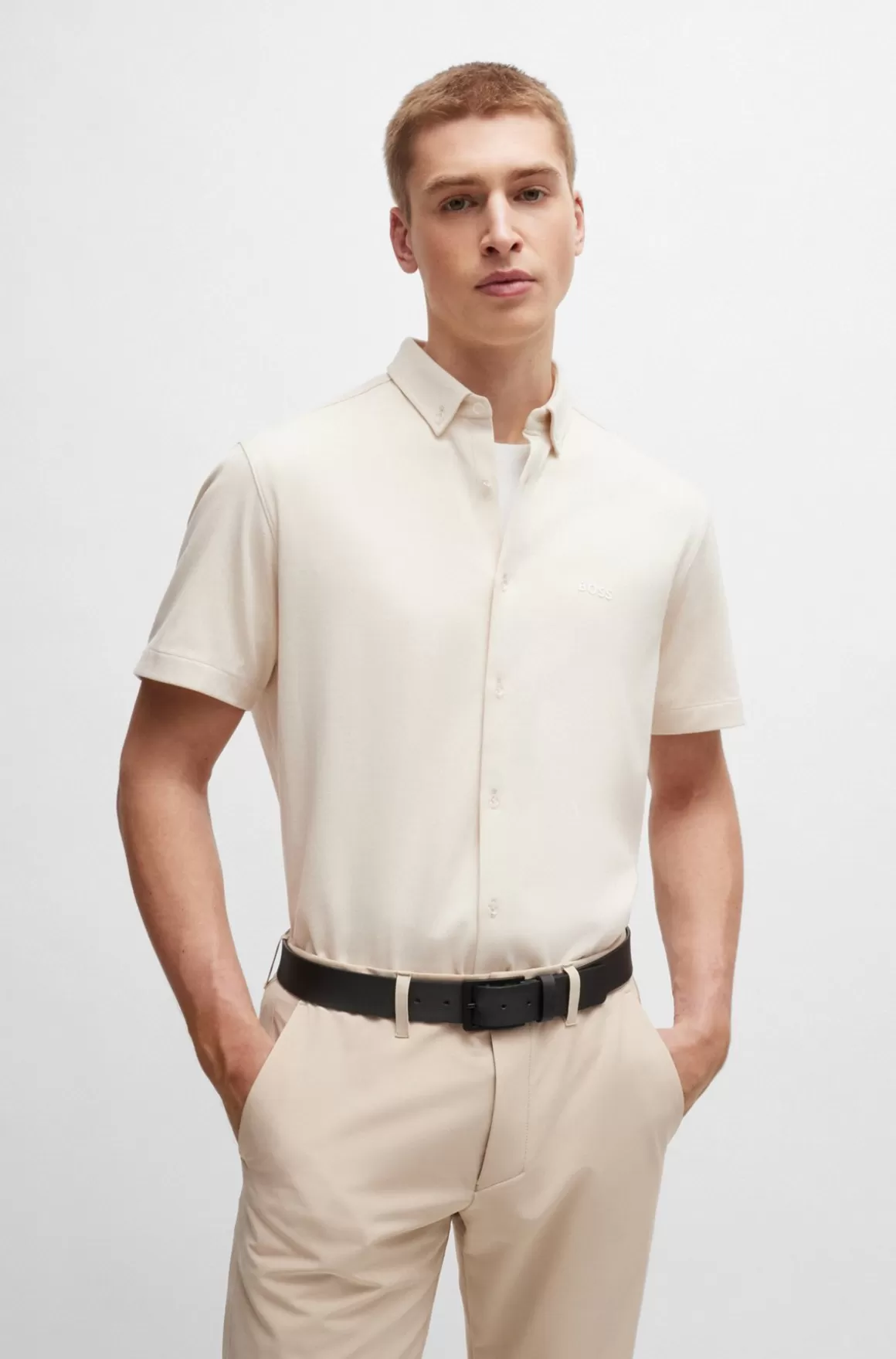 HUGO BOSS Skjorte Med Regular Fit I Strikket Strygelet Bomuld