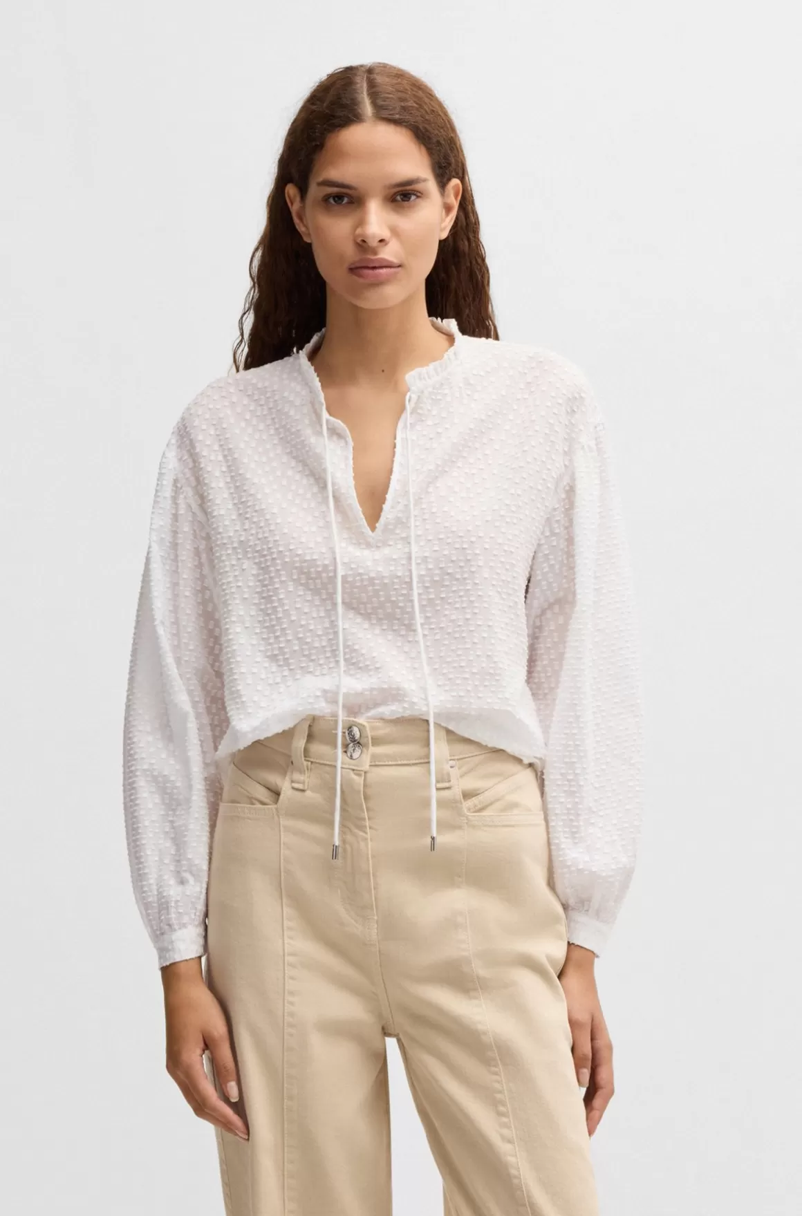 Dame HUGO BOSS Skjorte Med Relaxed Fit I Mønsteret Bomuld Med Flæsekrave