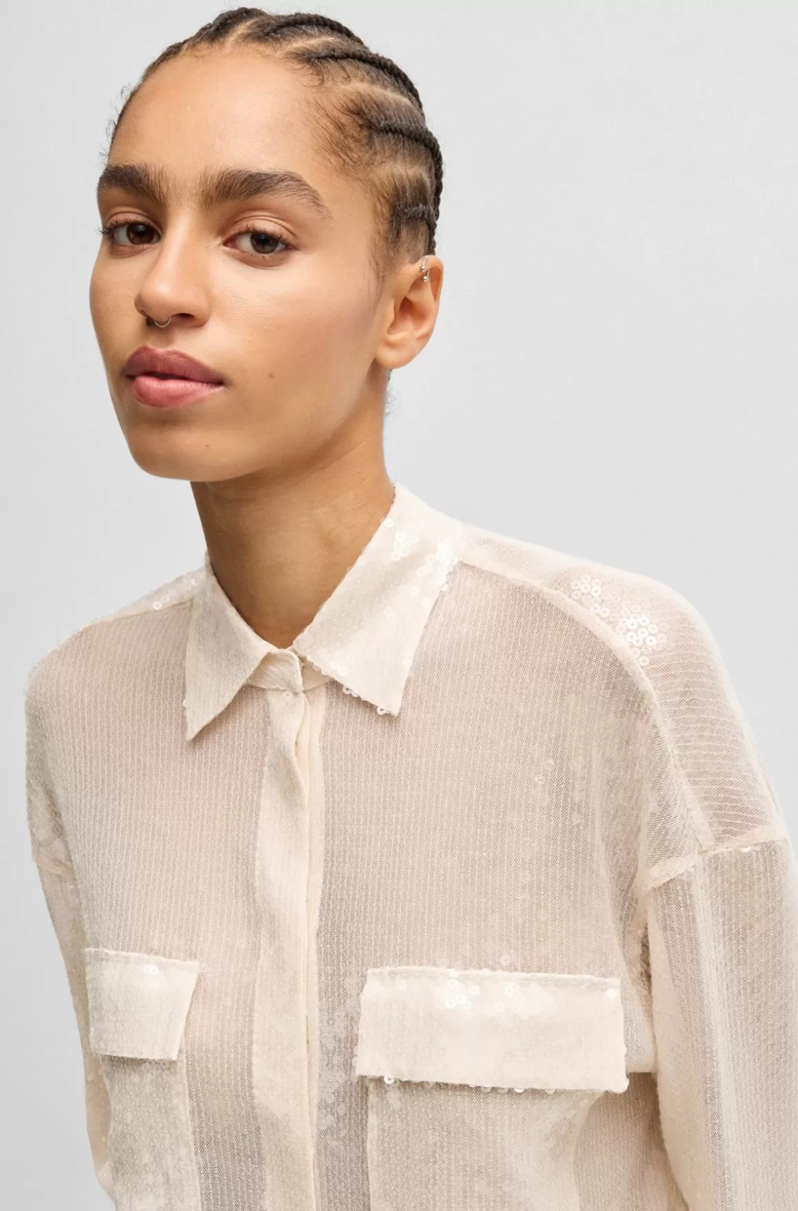 Dame HUGO BOSS Skjorte Med Relaxed Fit, Pailletter Og Krave Med Spidse Flipper